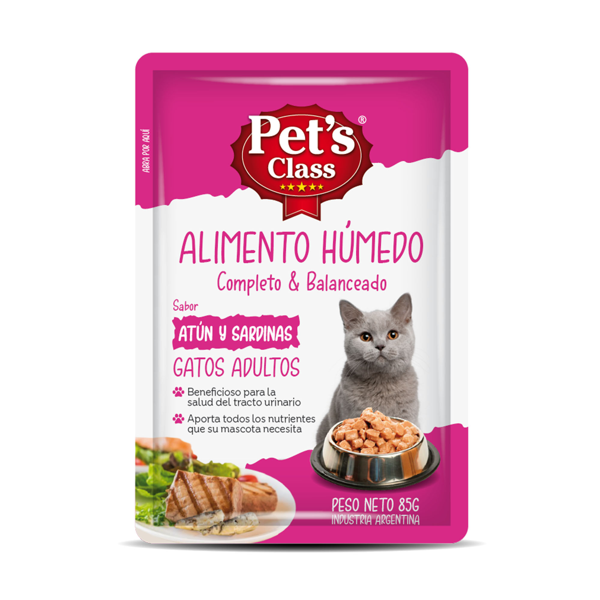 Alimento húmedo para gato Pet's Class 85 g. adulto atún y sardinas