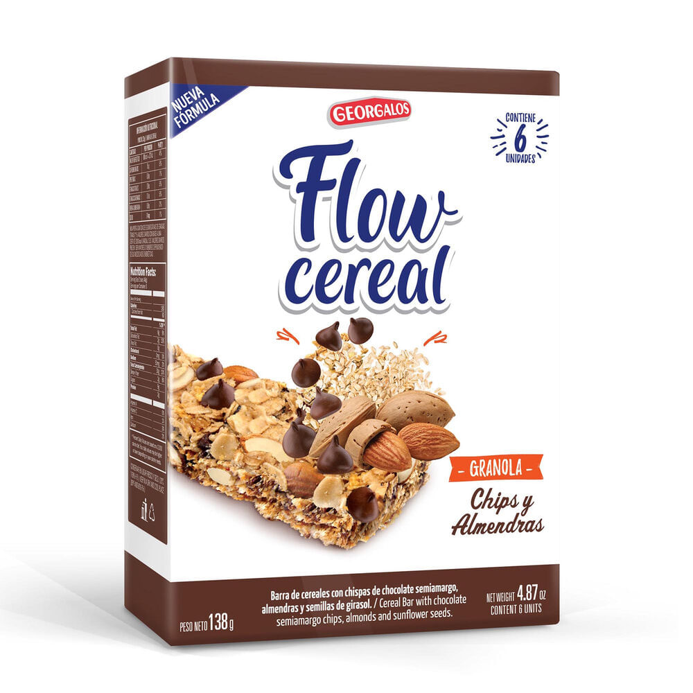 Barra de cereal Flow Cereal chips y almendras 6 u.