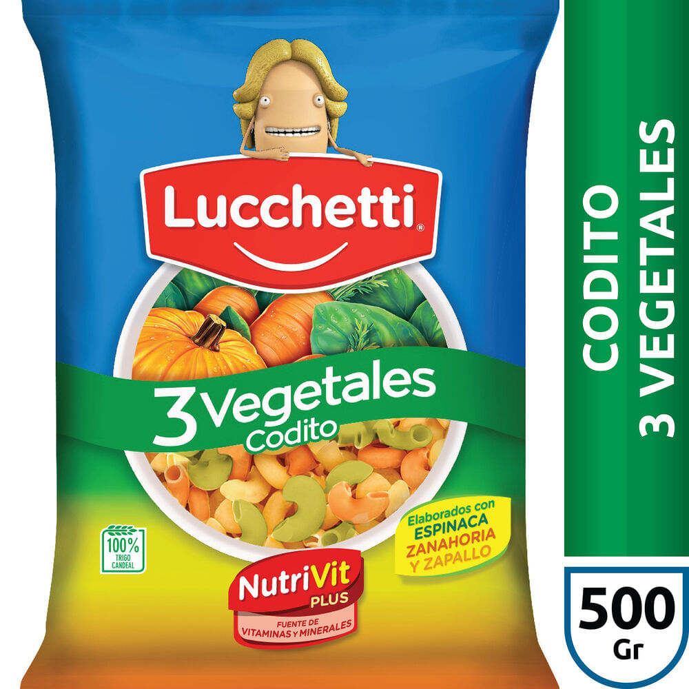 Fideos coditos Lucchetti 3 vegetales 500 g.