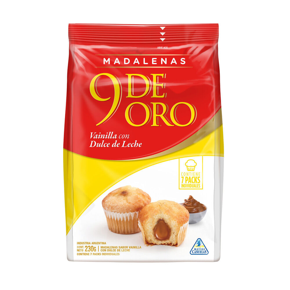 Madalenas 9 De Oro vainilla relleno dulce de leche 230 g.