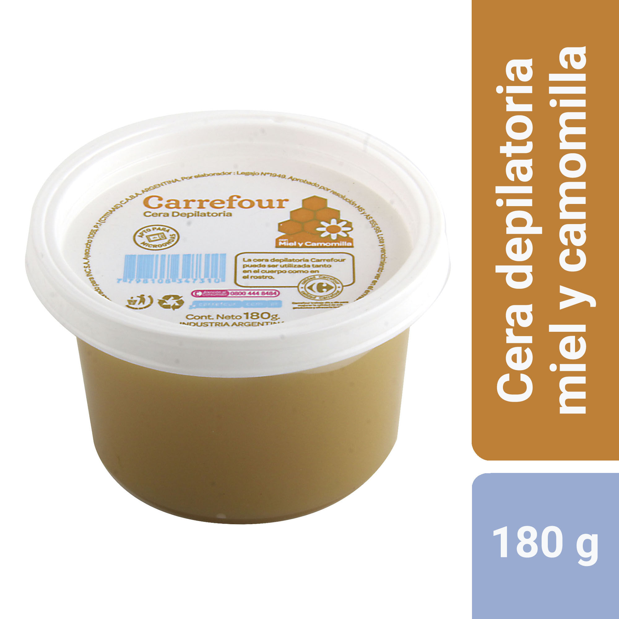 Cera depilatoria Carrefour miel y camomilla para microondas 180 g.