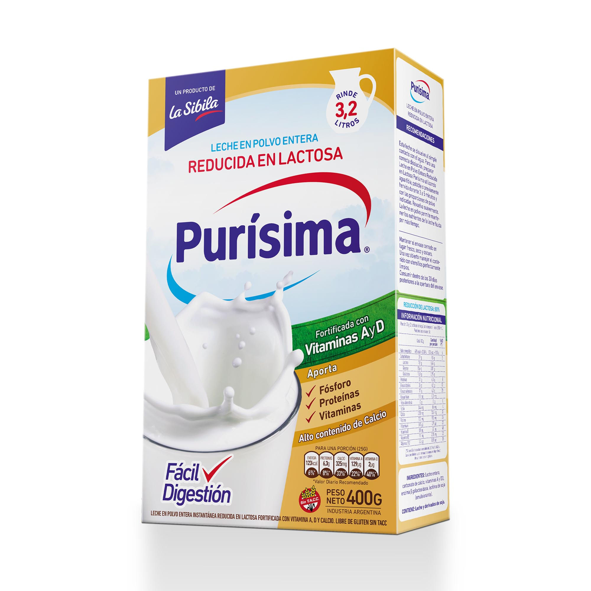Leche en polvo reduc en lactosa purisima x 400 grs