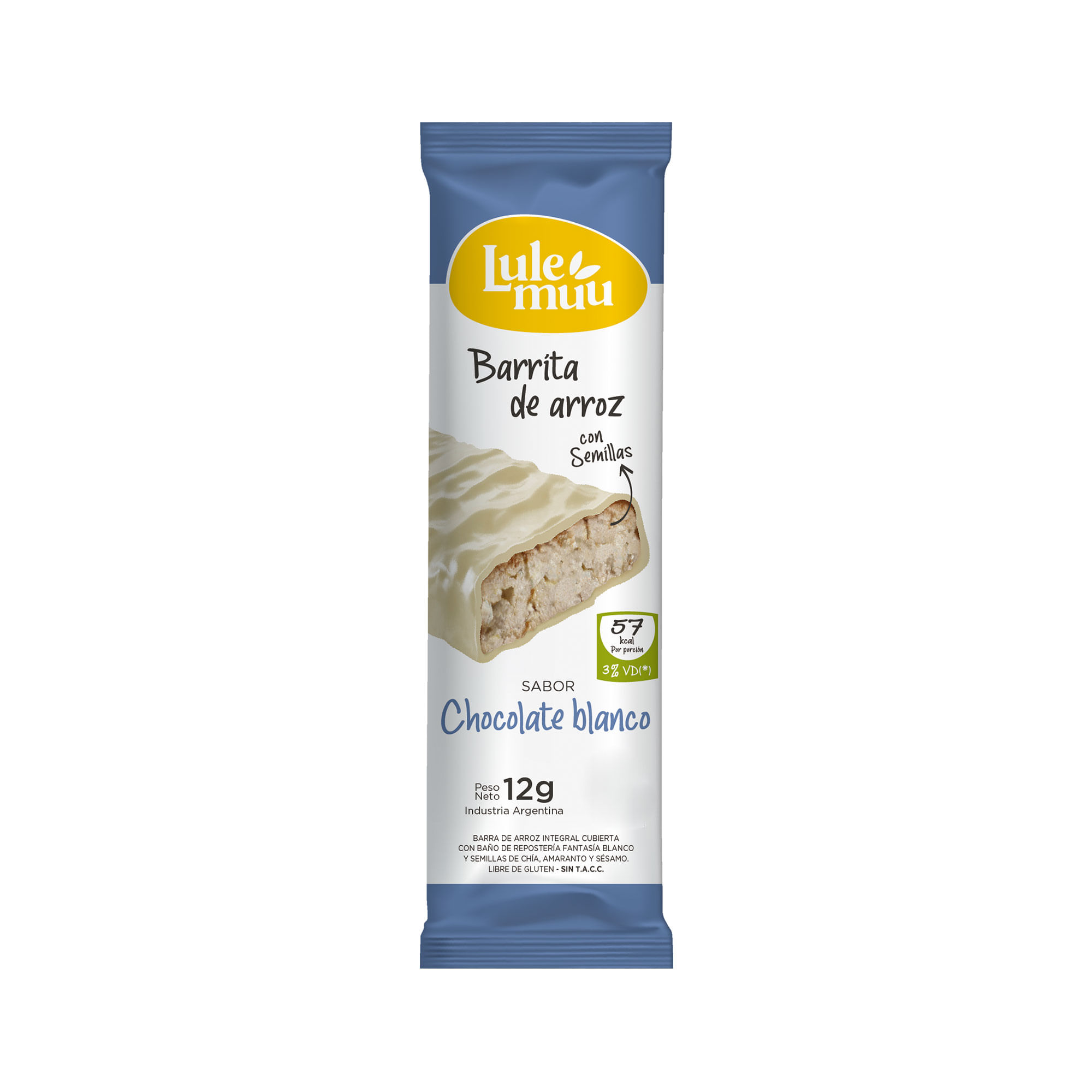 Barrita bañada chocolate blanco Lulemuu sin TACC 12 g.