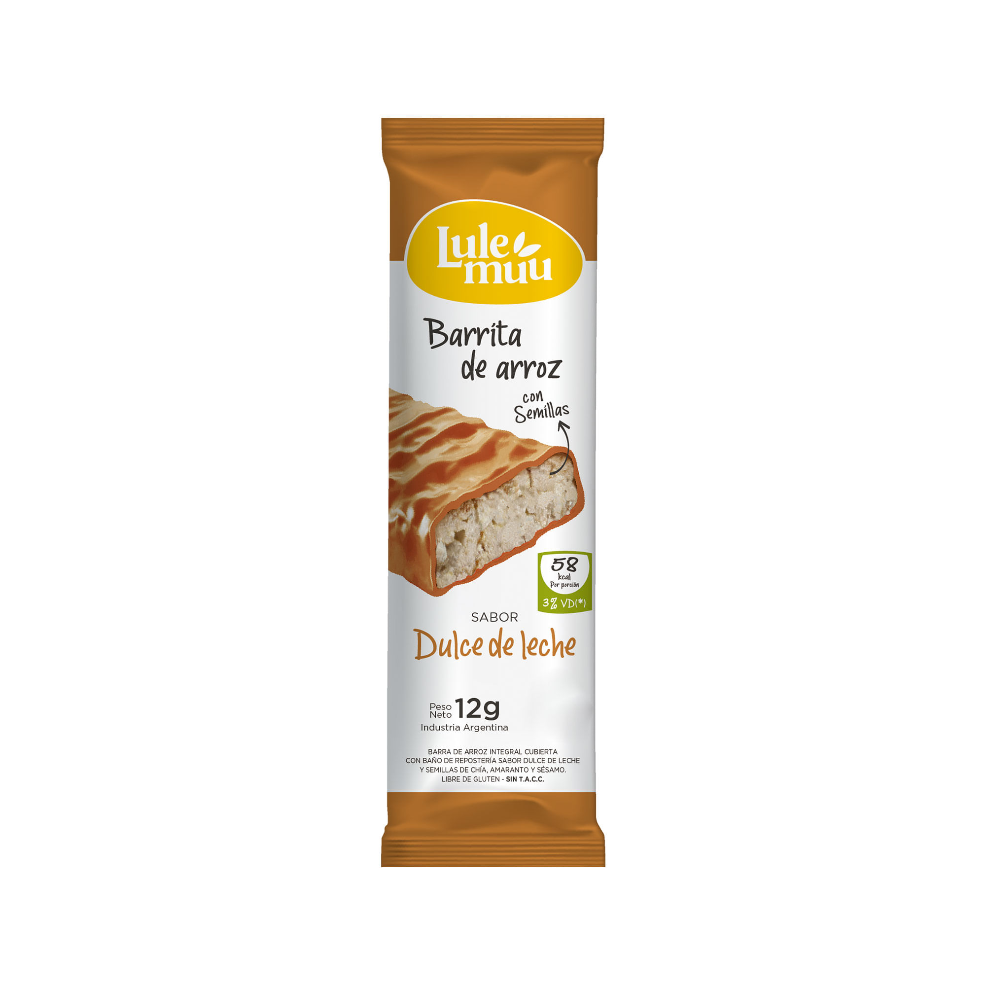 Barrita de arroz dulce de leche Lulemuu sin TACC 12 g.