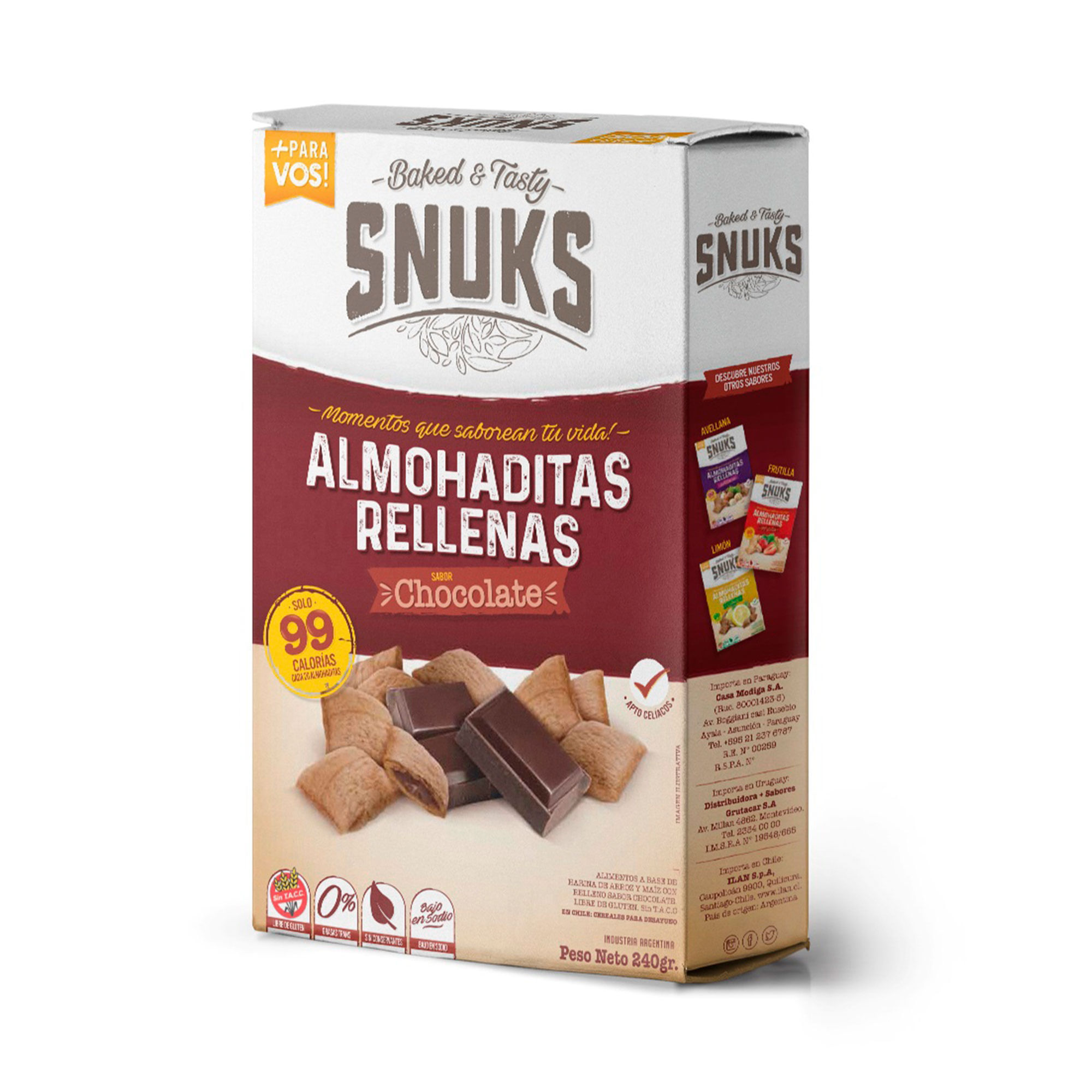 Almohaditas sin TACC rellenas con choco Snuks 240 g.