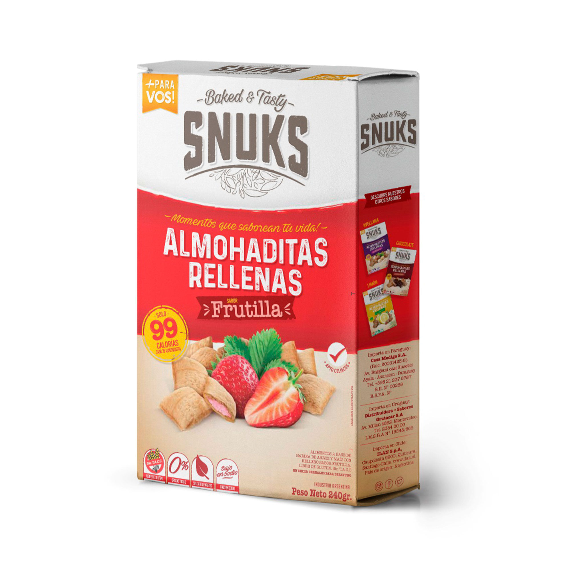Almohaditas sin TACC rellenas con frutilla Snuks 240 g.
