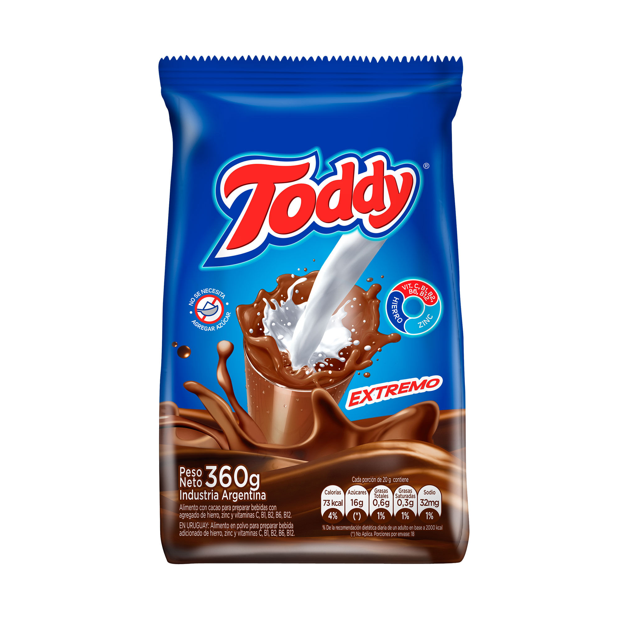 Cacao en polvo Toddy extremo bolsa 360 g.