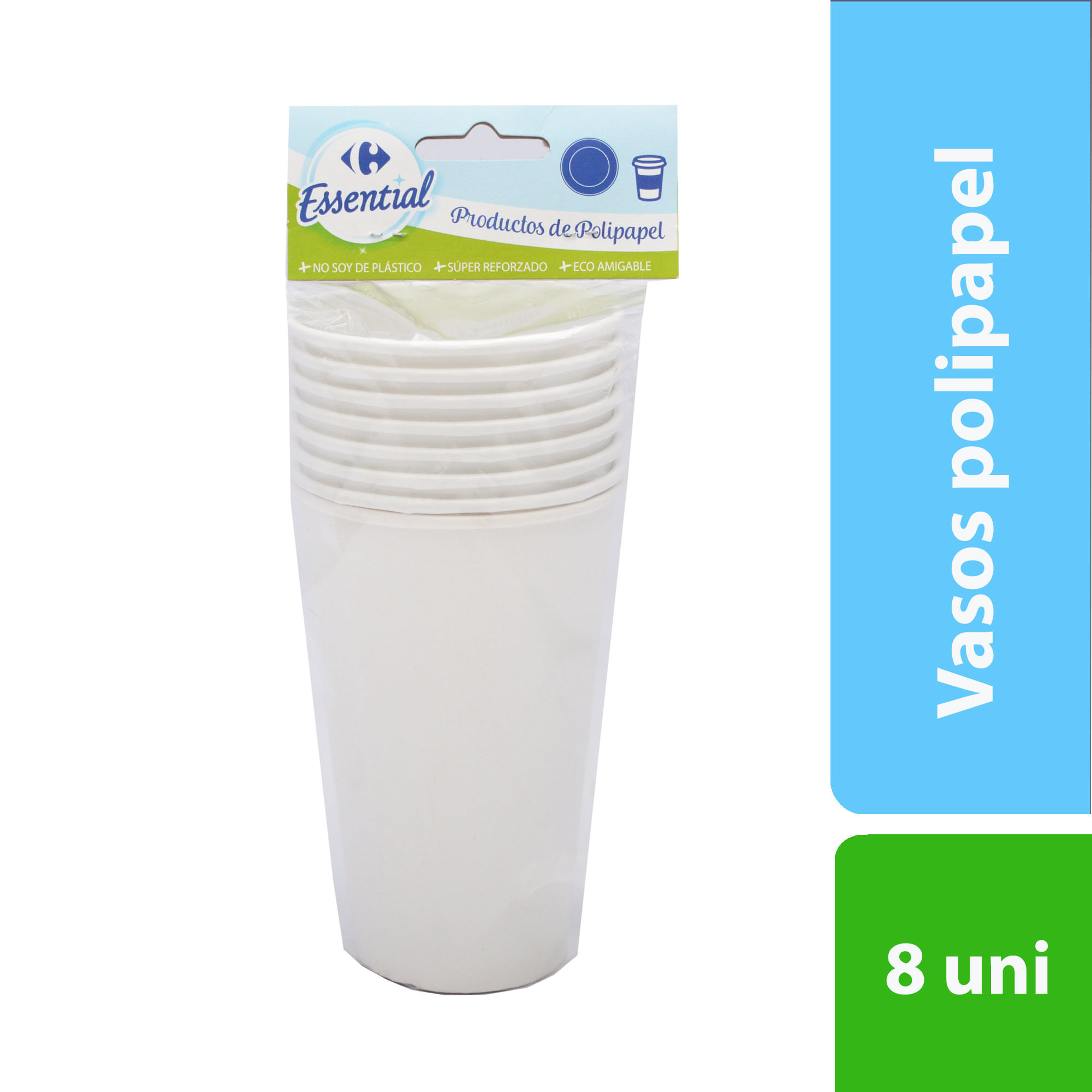 Vasos Essential polipapel x 475 cm3x8 uni blancos