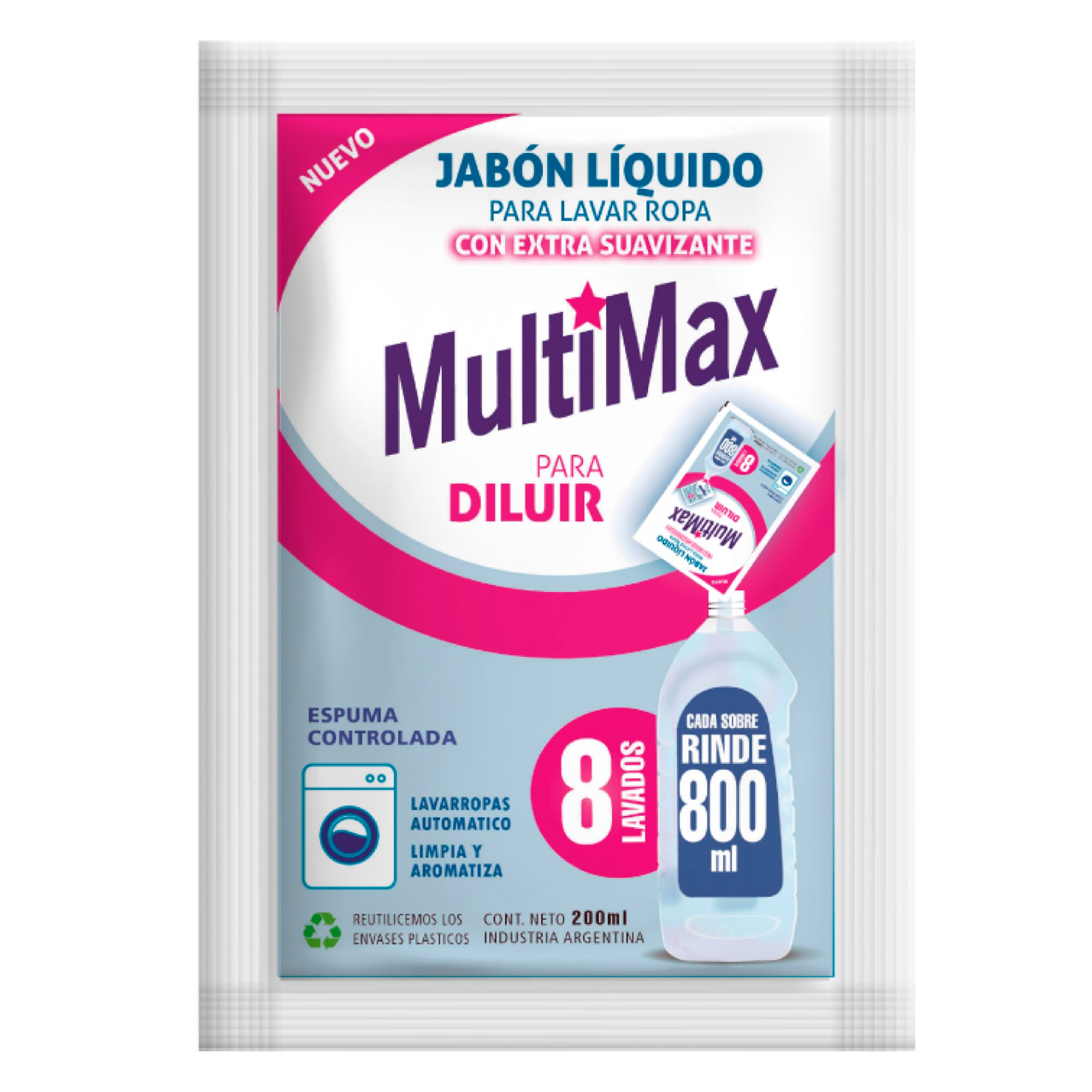 Jabón Líquido Para Ropa Multimax Con Suavizante Para Diluir Rinde 800ml X200ml