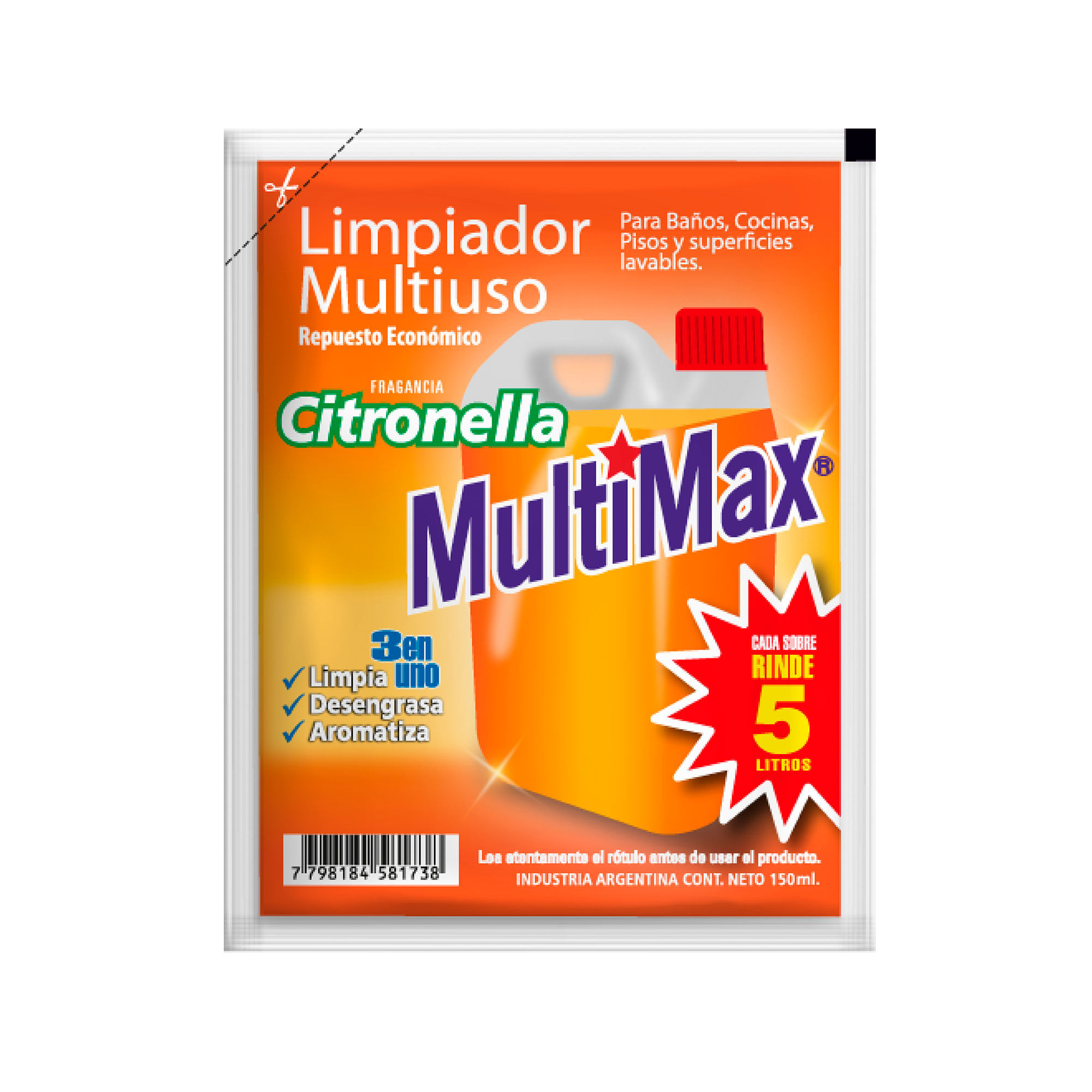 Limpiador Multiuso Multimax Para Diluir Citronella Rinde 5 Litros X 150ml