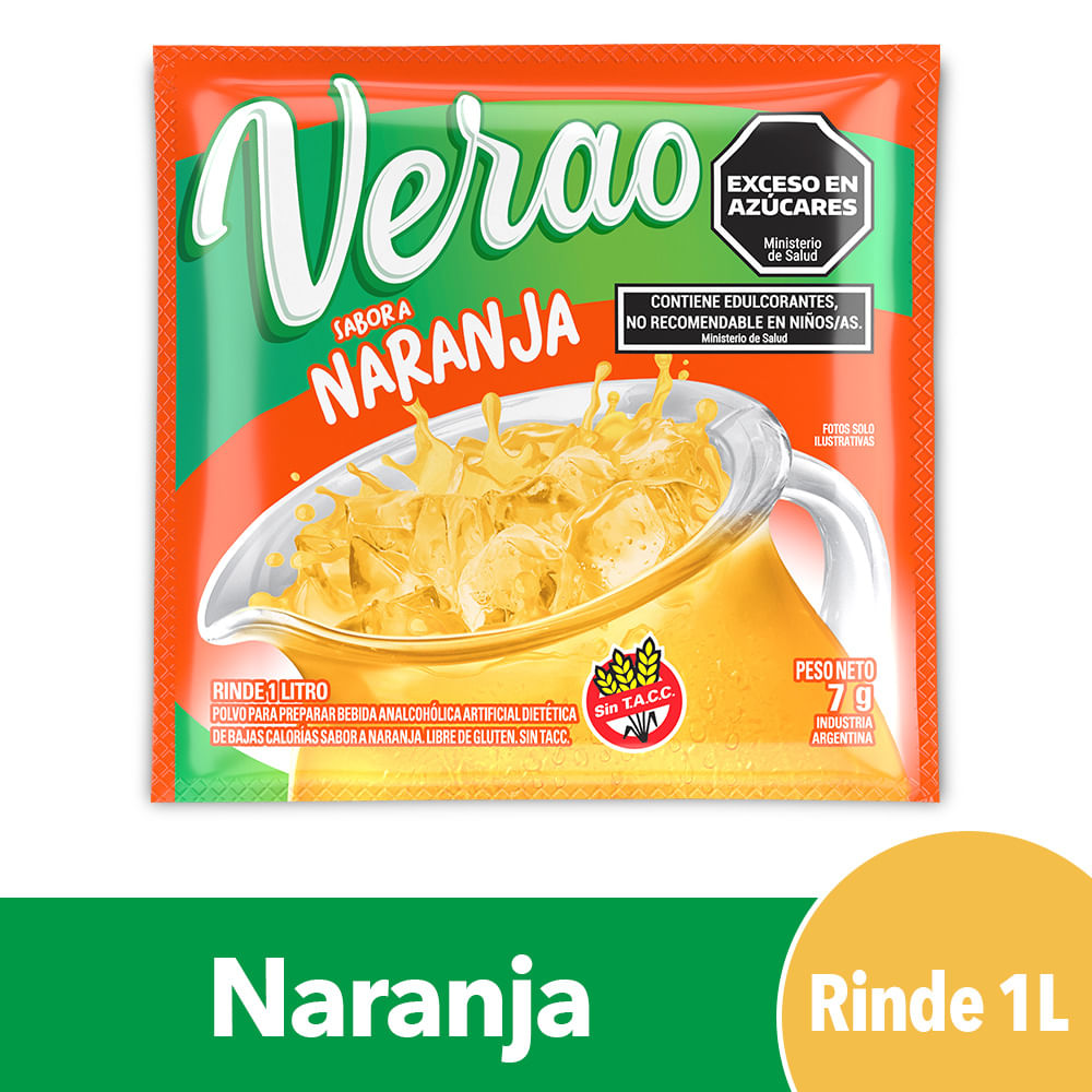 Jugo en polvo Verao naranja 7 g. Rinde 1 L