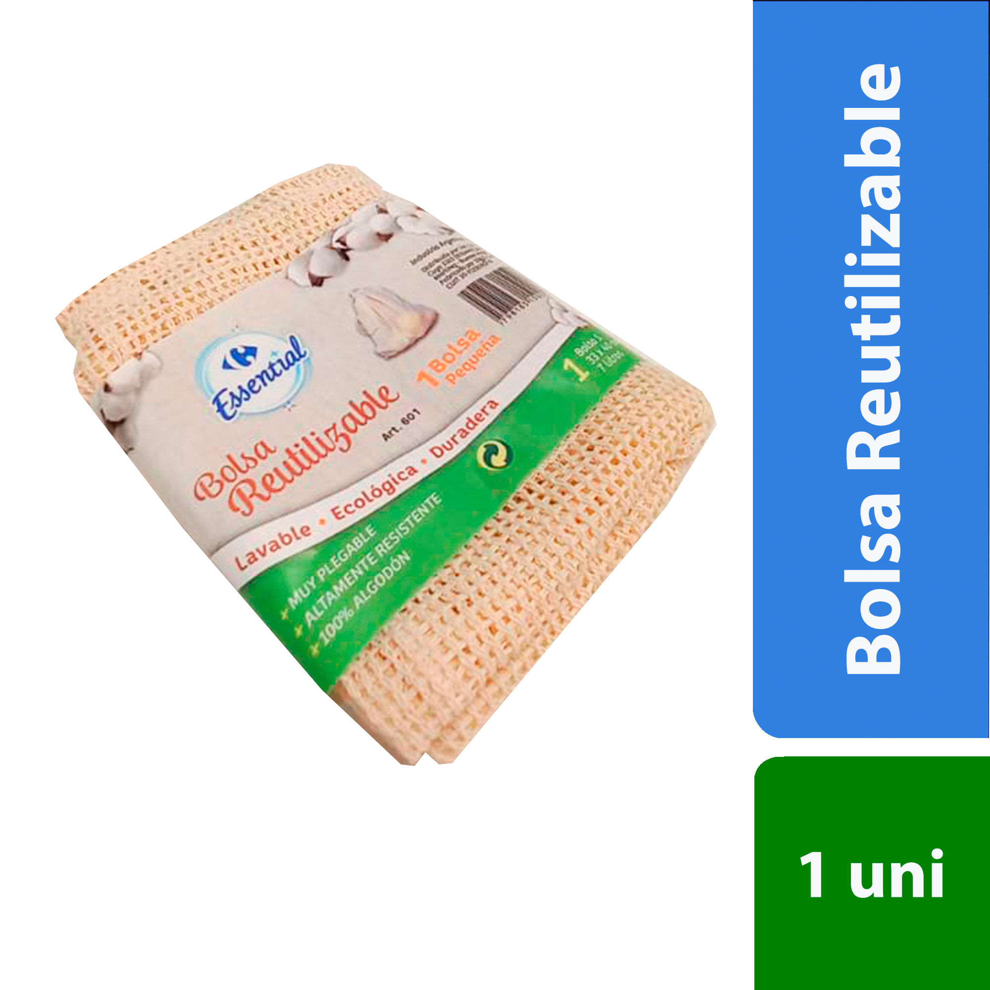 Bolsa Carrefour essential reutilizable algodón chica x 1 uni