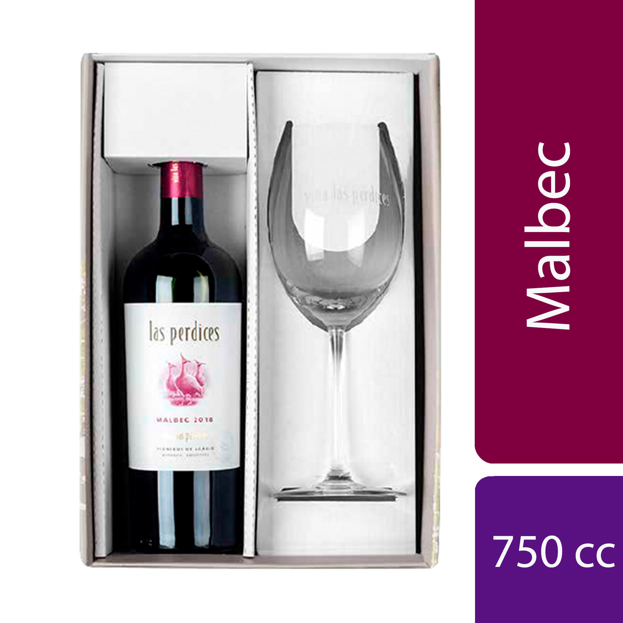 Estuche vino tinto Las Perdices + copa Malbec 750 ml