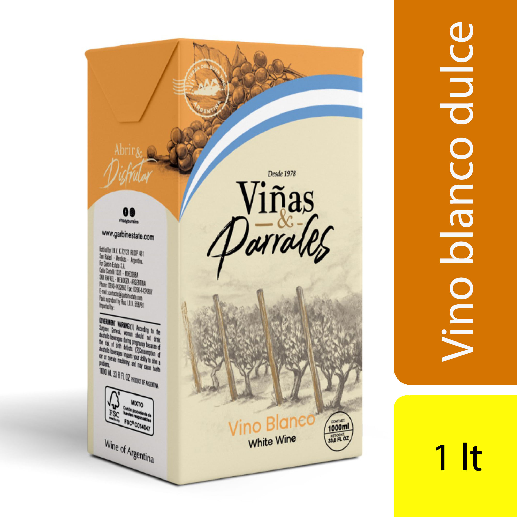 Vino blanco dulce Viñas y Parrales tetra 1 lt