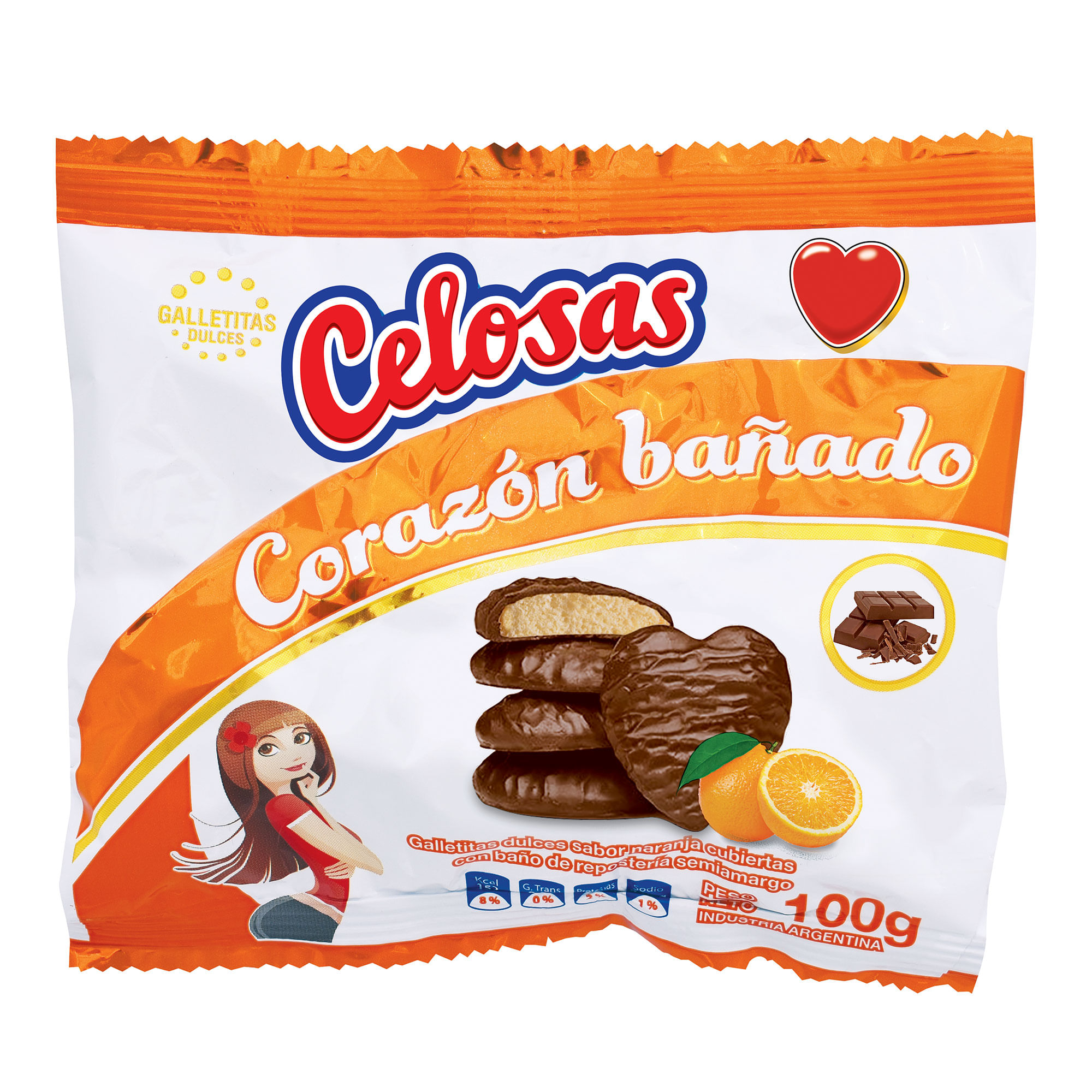 Galletitas dulces Celosas corazon de naranja  bañadas 100 g.