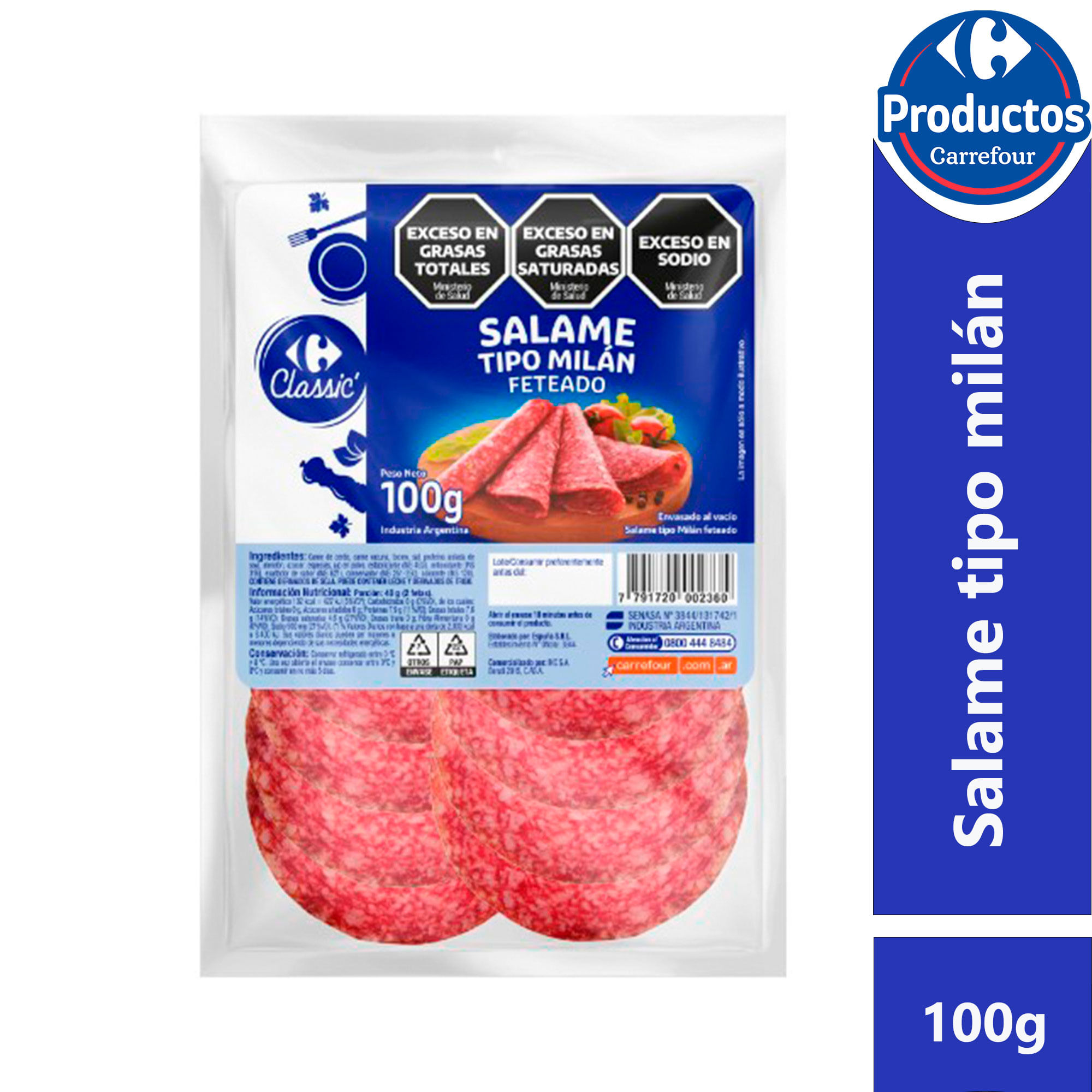 Salame tipo milán Carrefour  Classic feteado 100 g.