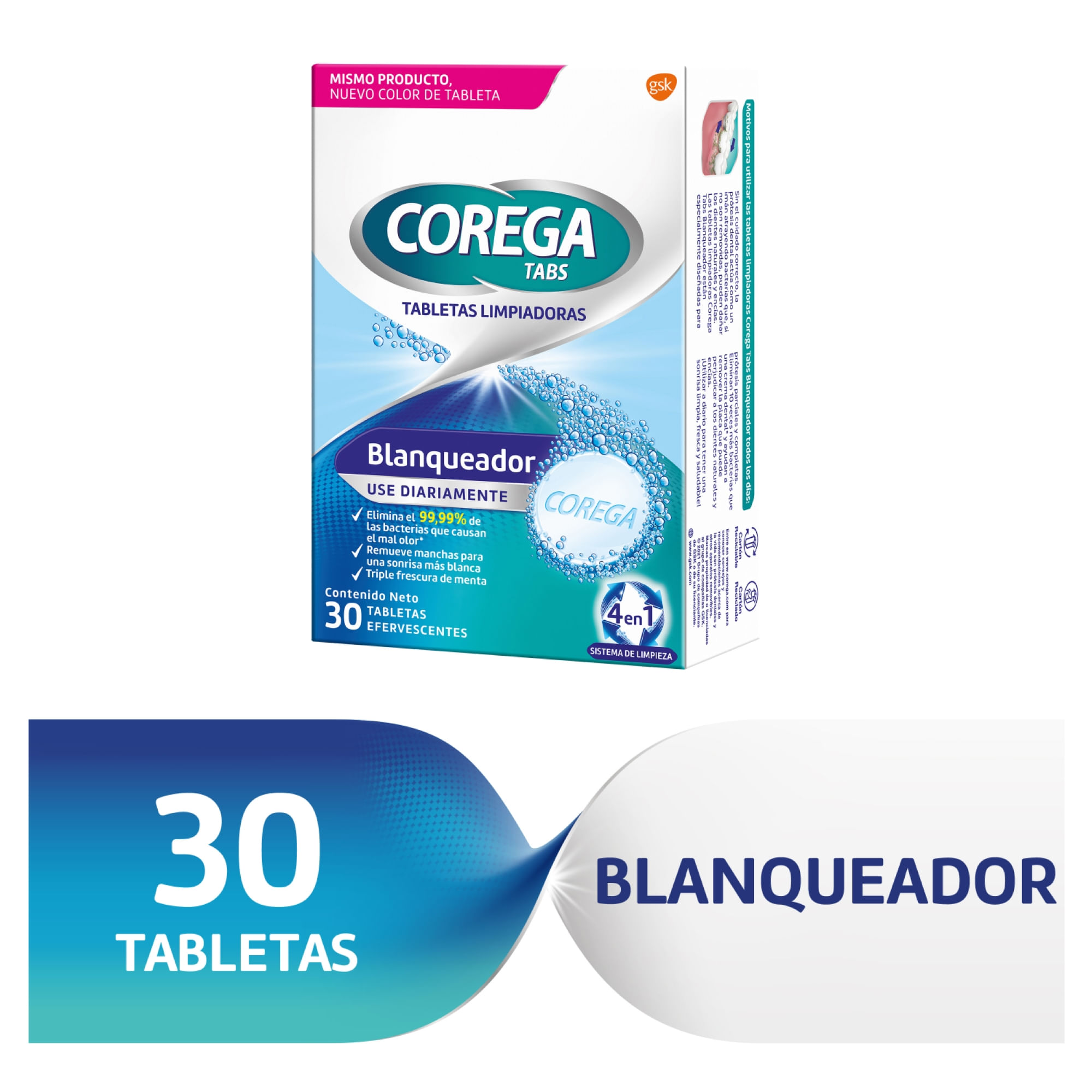 Tableta limpiadora Corega tabs blanqueador 30 uni