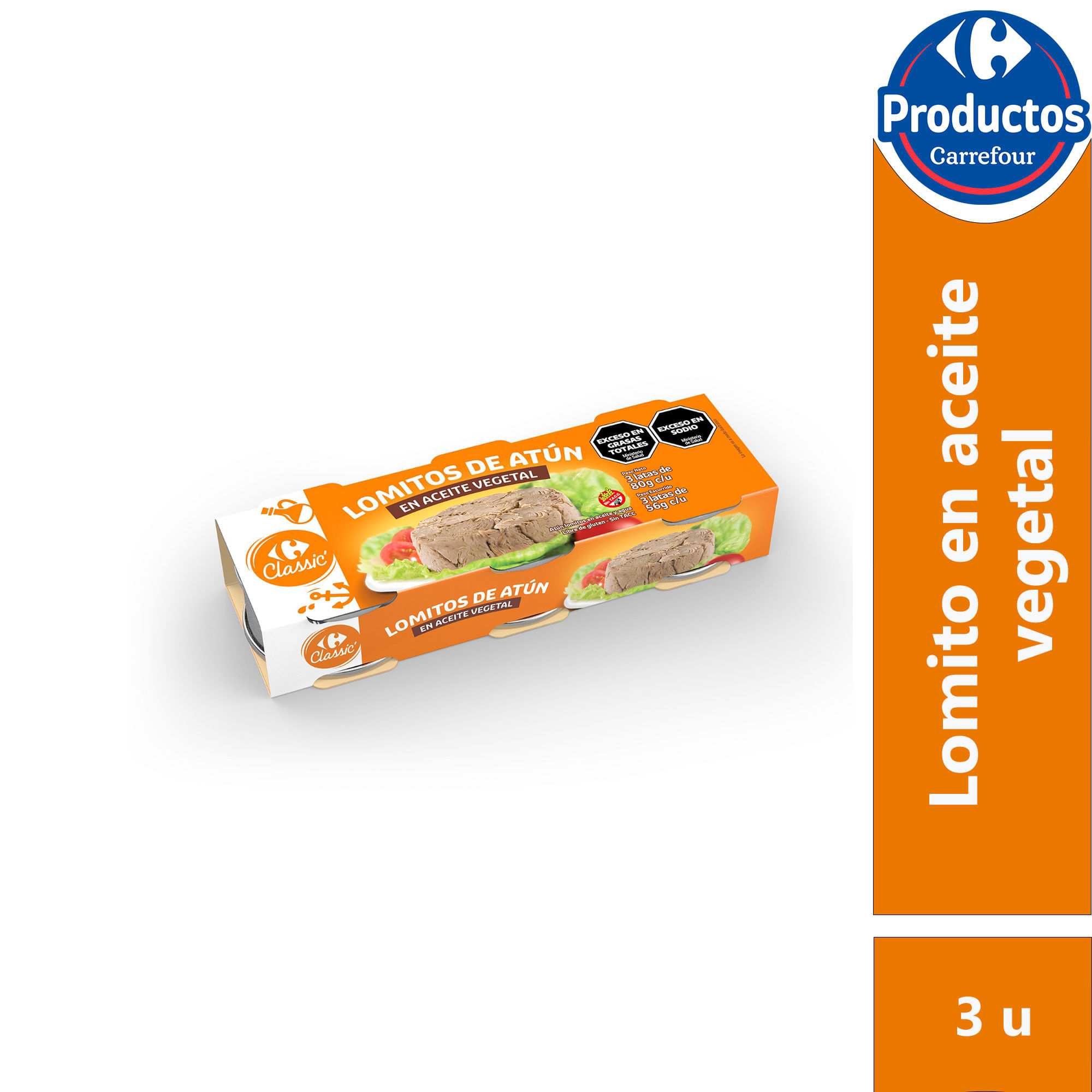 Lomito de atún en aceite vegetal Carrefour Classic x3 80 grs