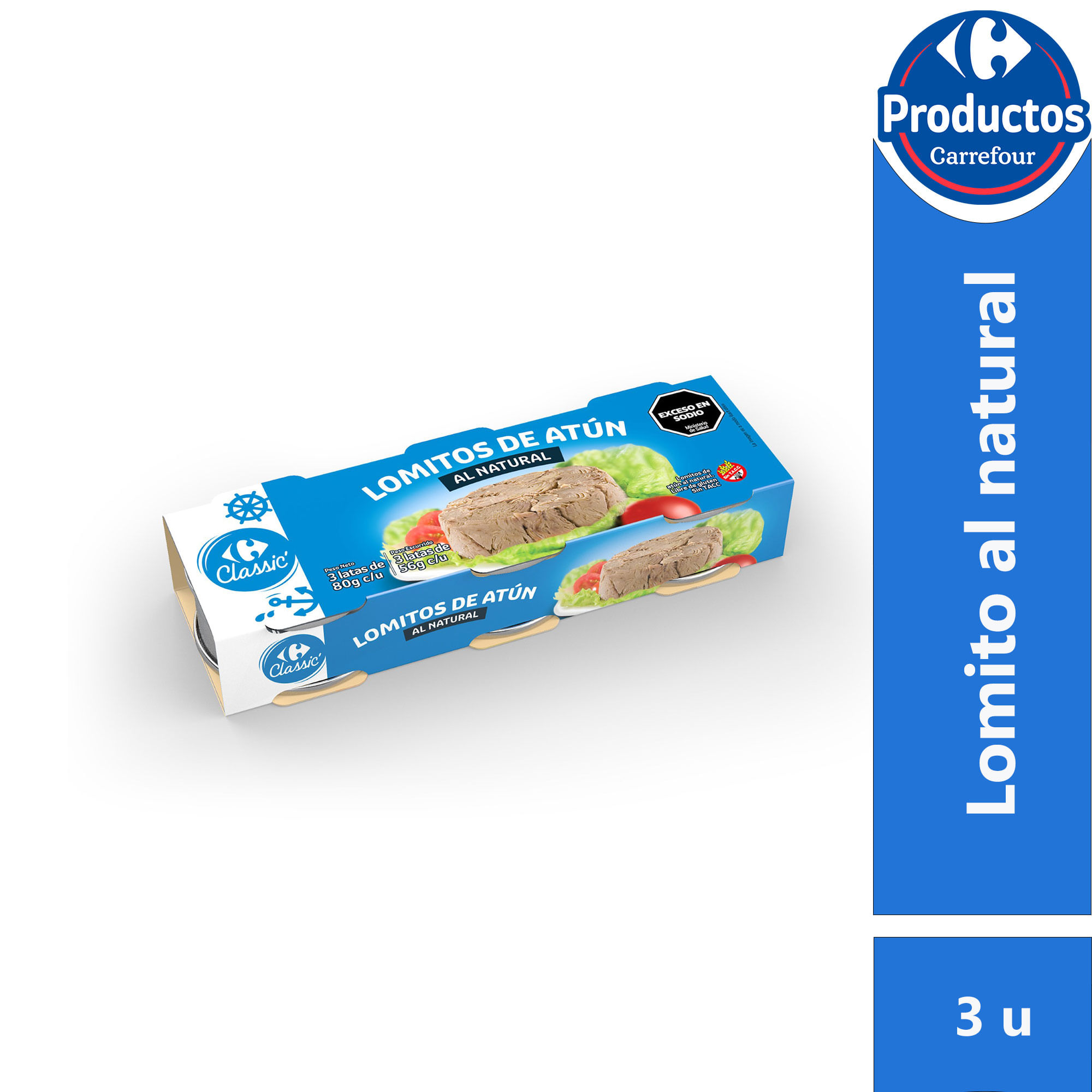 Lomito de atún al natural Carrefour Classic x3 80 grs