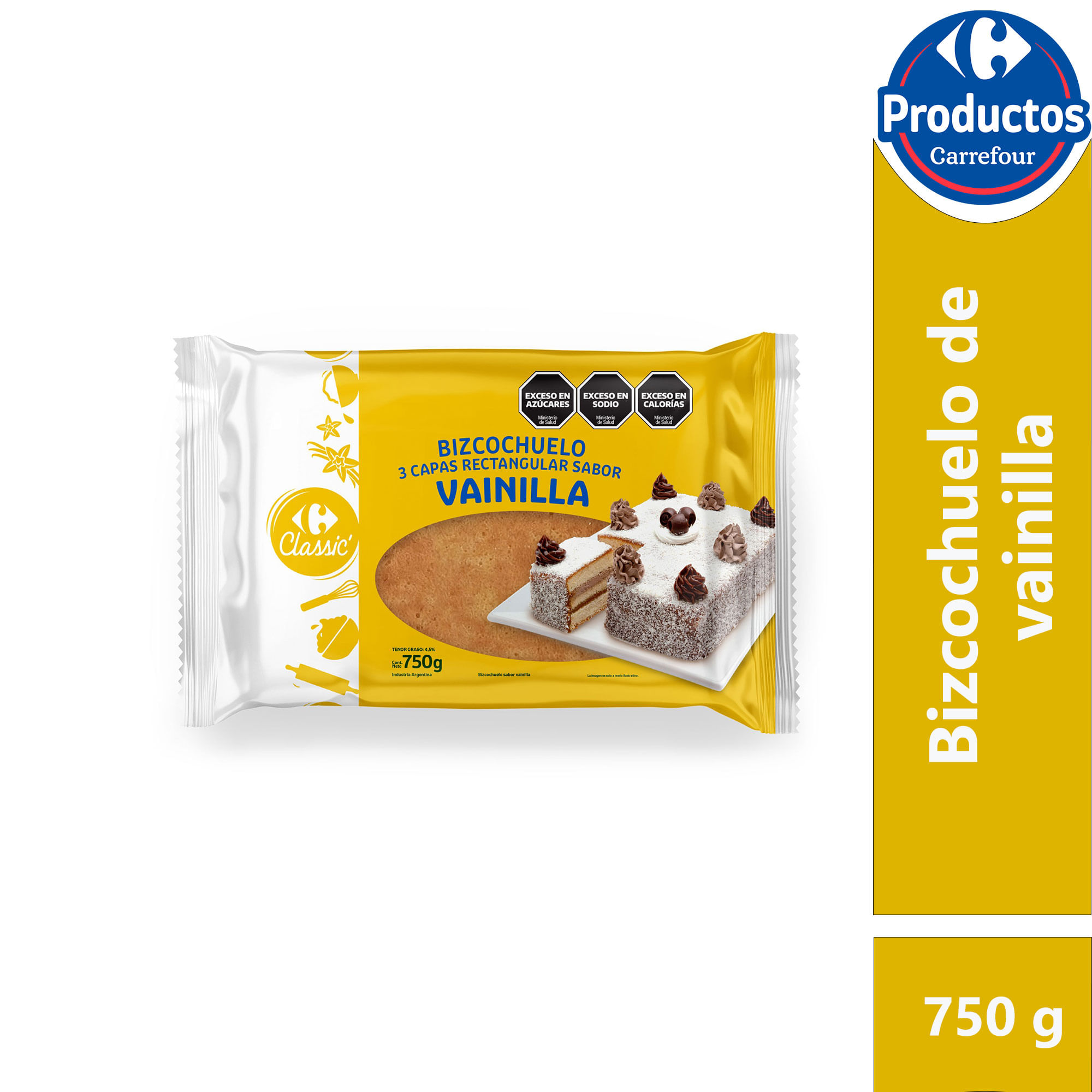 Bizcochuelo Carrefour classic rectangular 3 capas vainilla 750 g.
