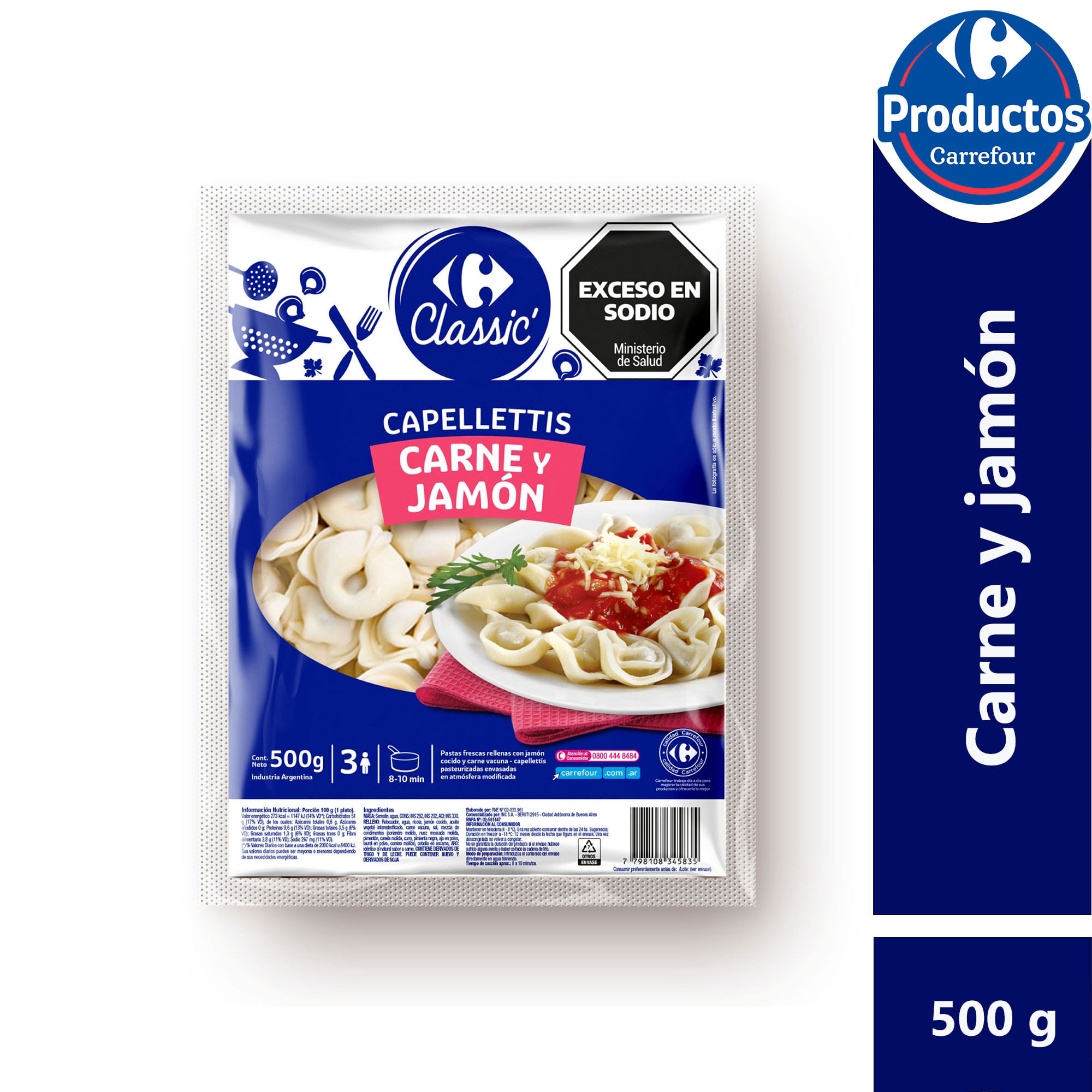 Capelletti Carrefour classic carne y jamón 500 g.