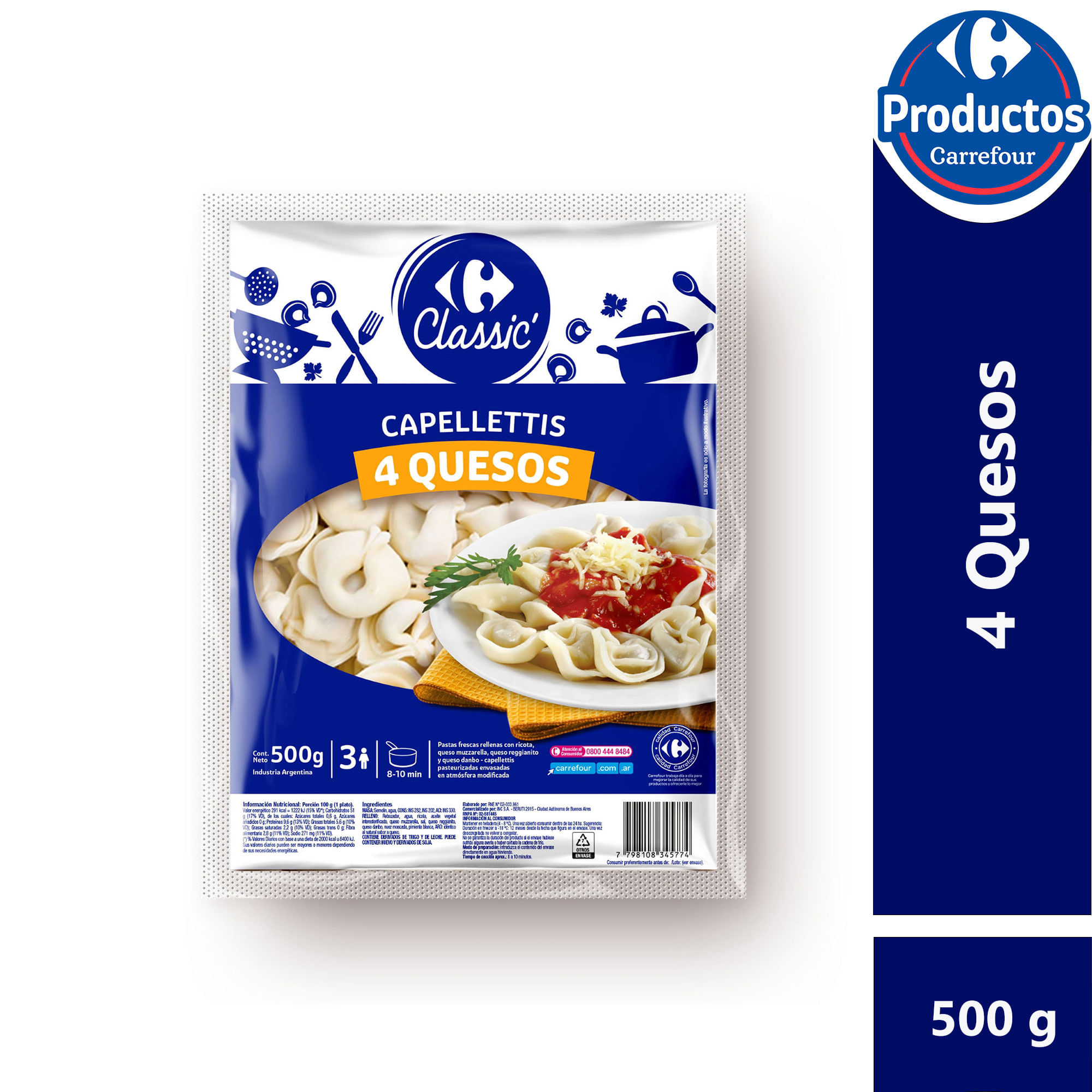 Capelletti Carrefour classic cuatro quesos 500 g.