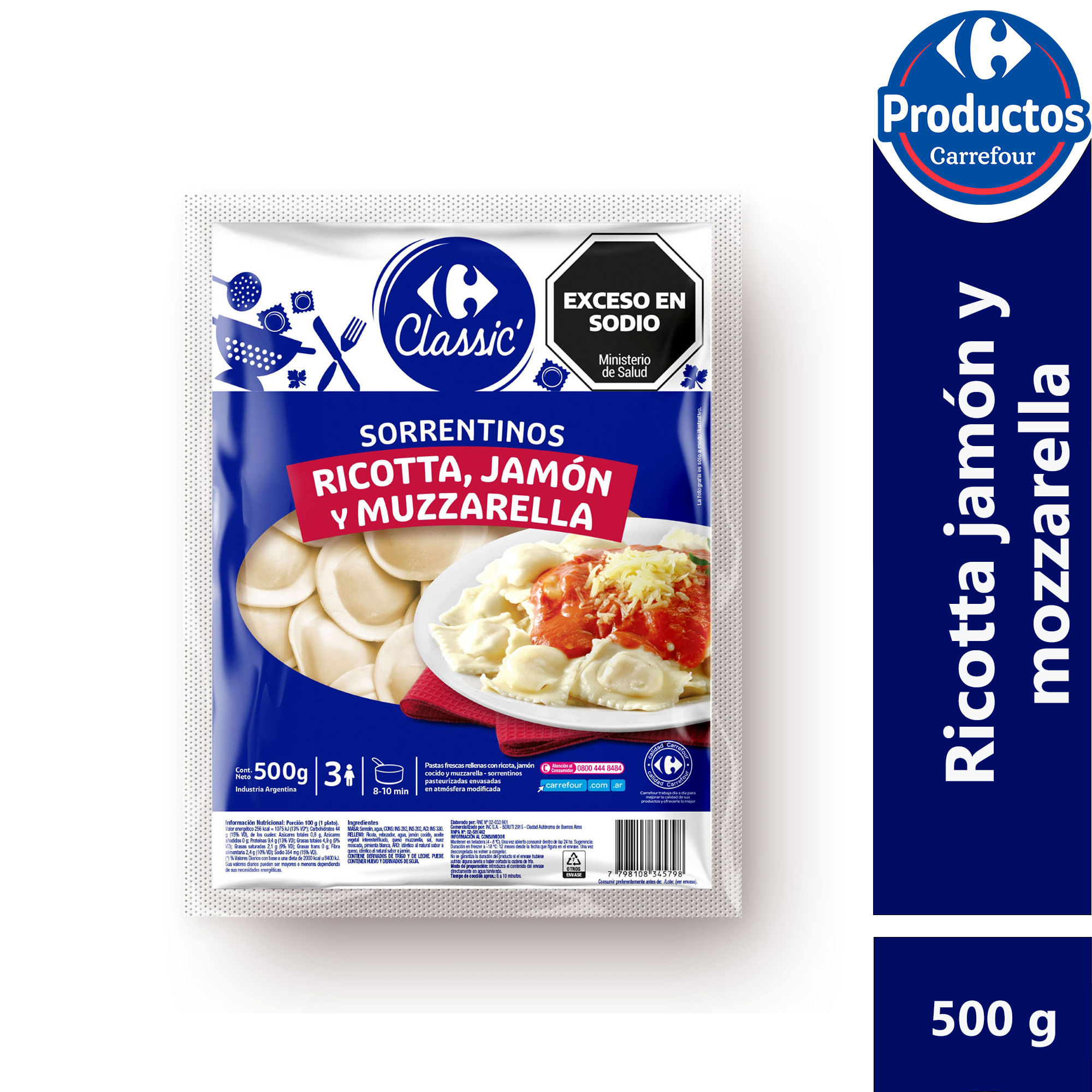 Sorrentinos Carrefour classic mozzarella y jamón 500 g.