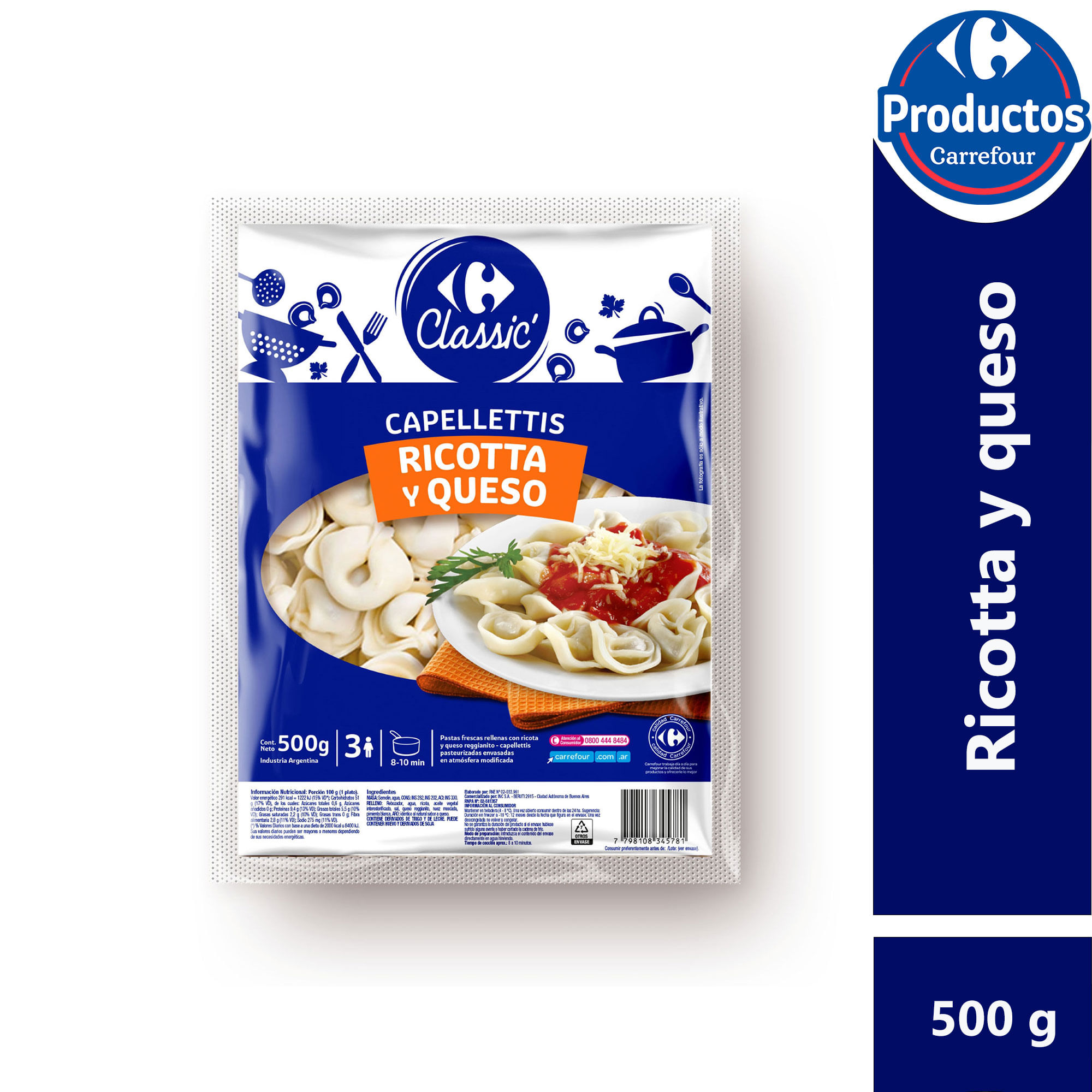 Capelletti Carrefour classic ricotta y queso 500 g.
