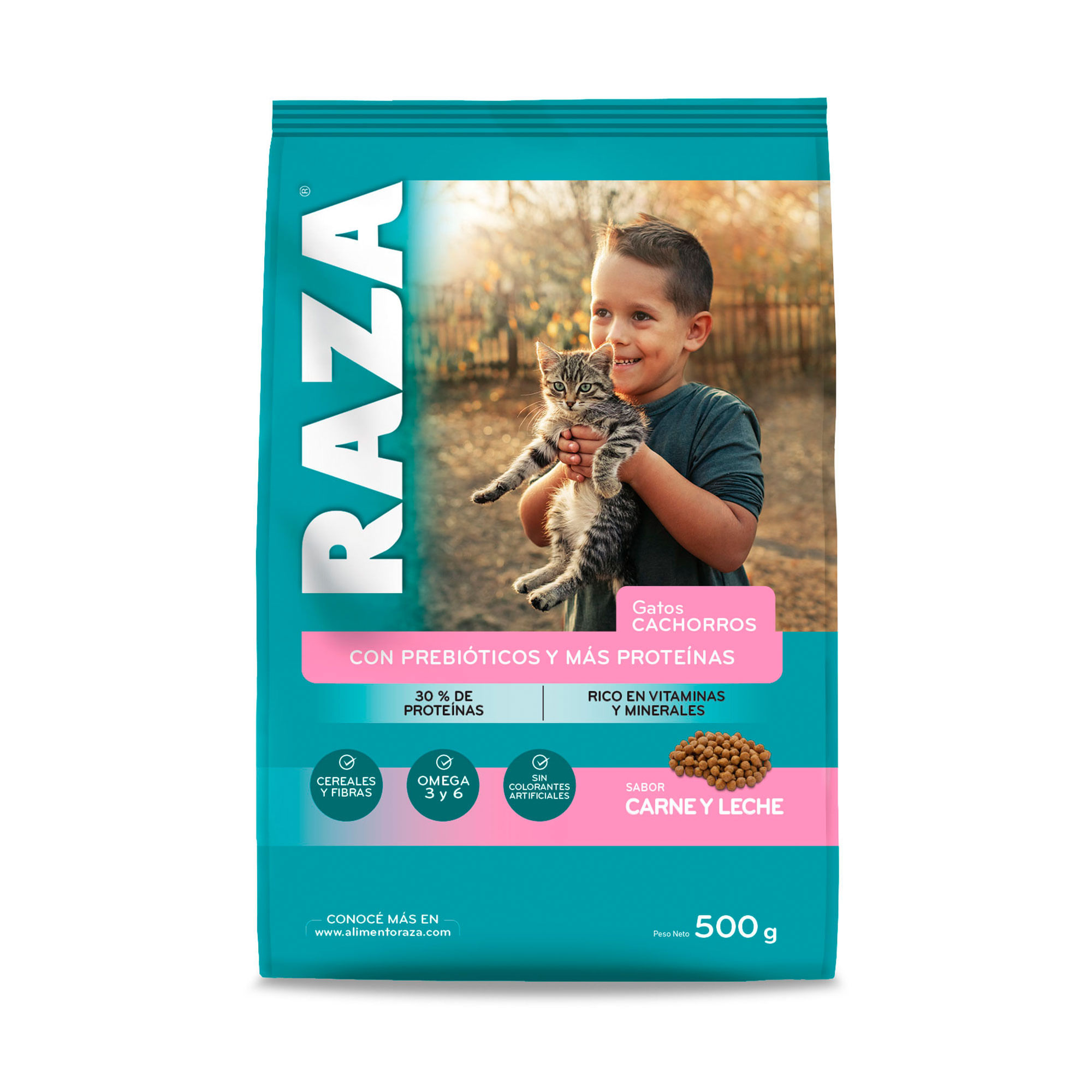 Alimento seco para gatito Raza 500 g. carne y leche