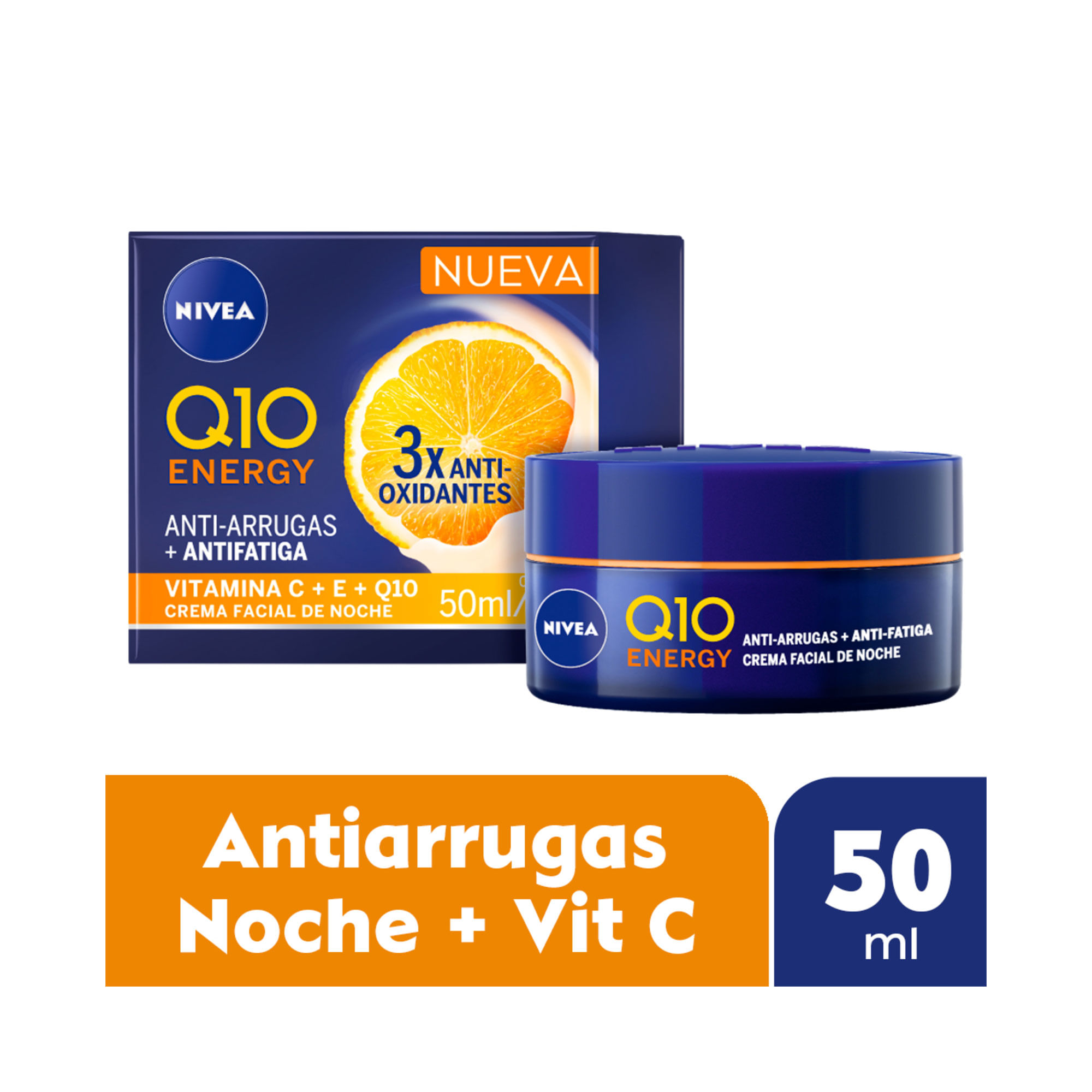 Crema facial de noche Nivea Q10 Energy piel más radiante y saludable 50 ml.