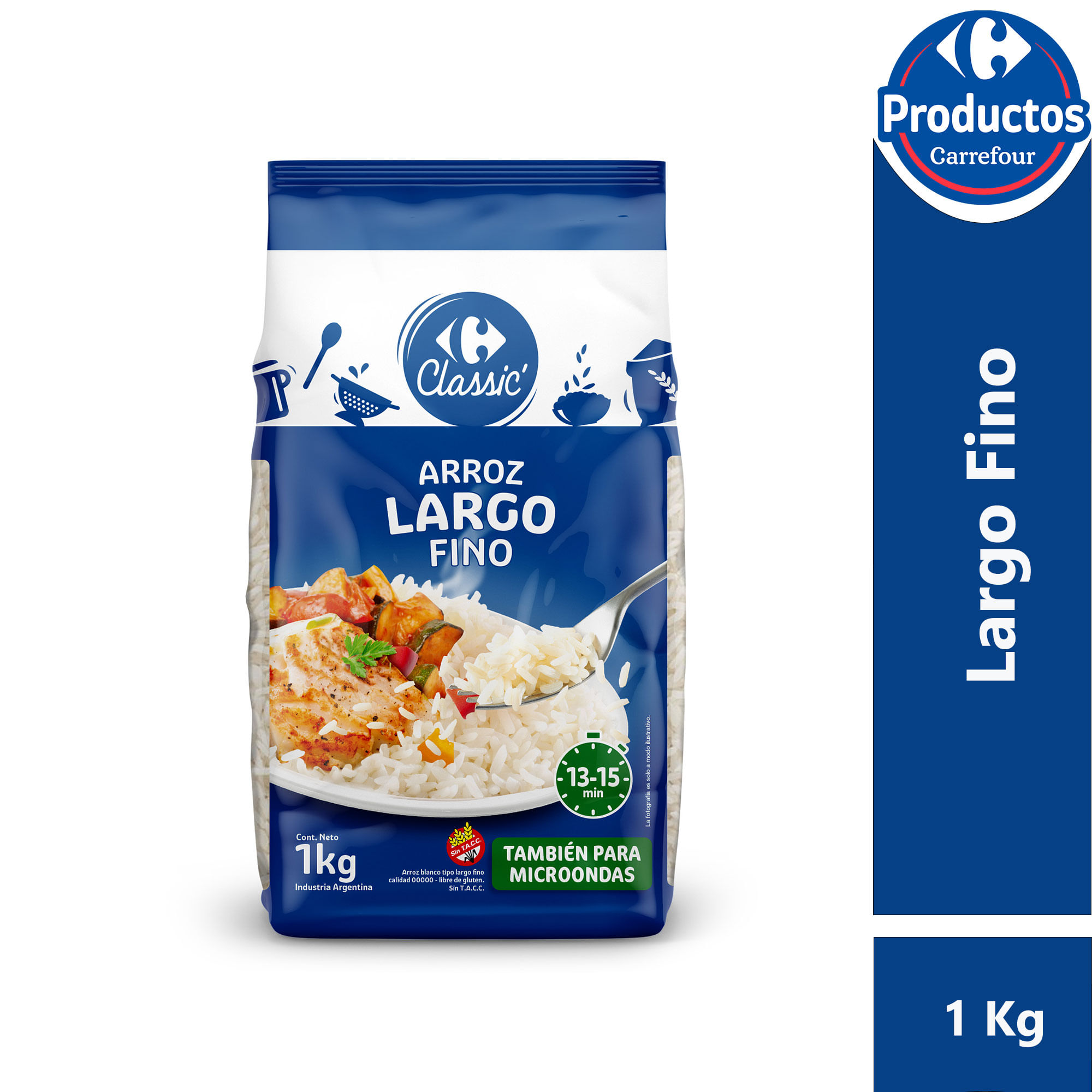Arroz largo fino 00000 Carrefour Classic en bolsa 1 kg.