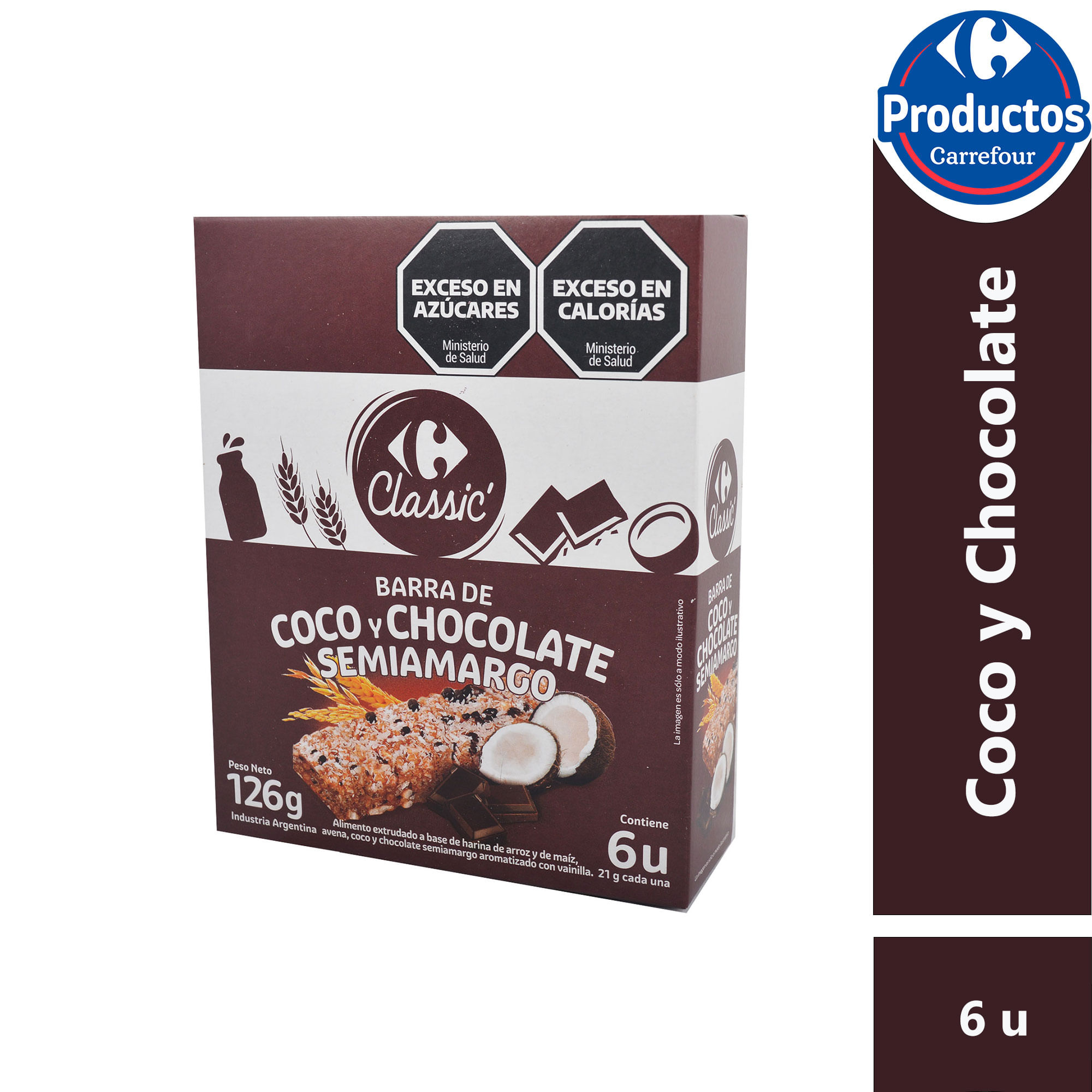 Barra de cereal de chocolate y coco Carrefour Classic 6 uni