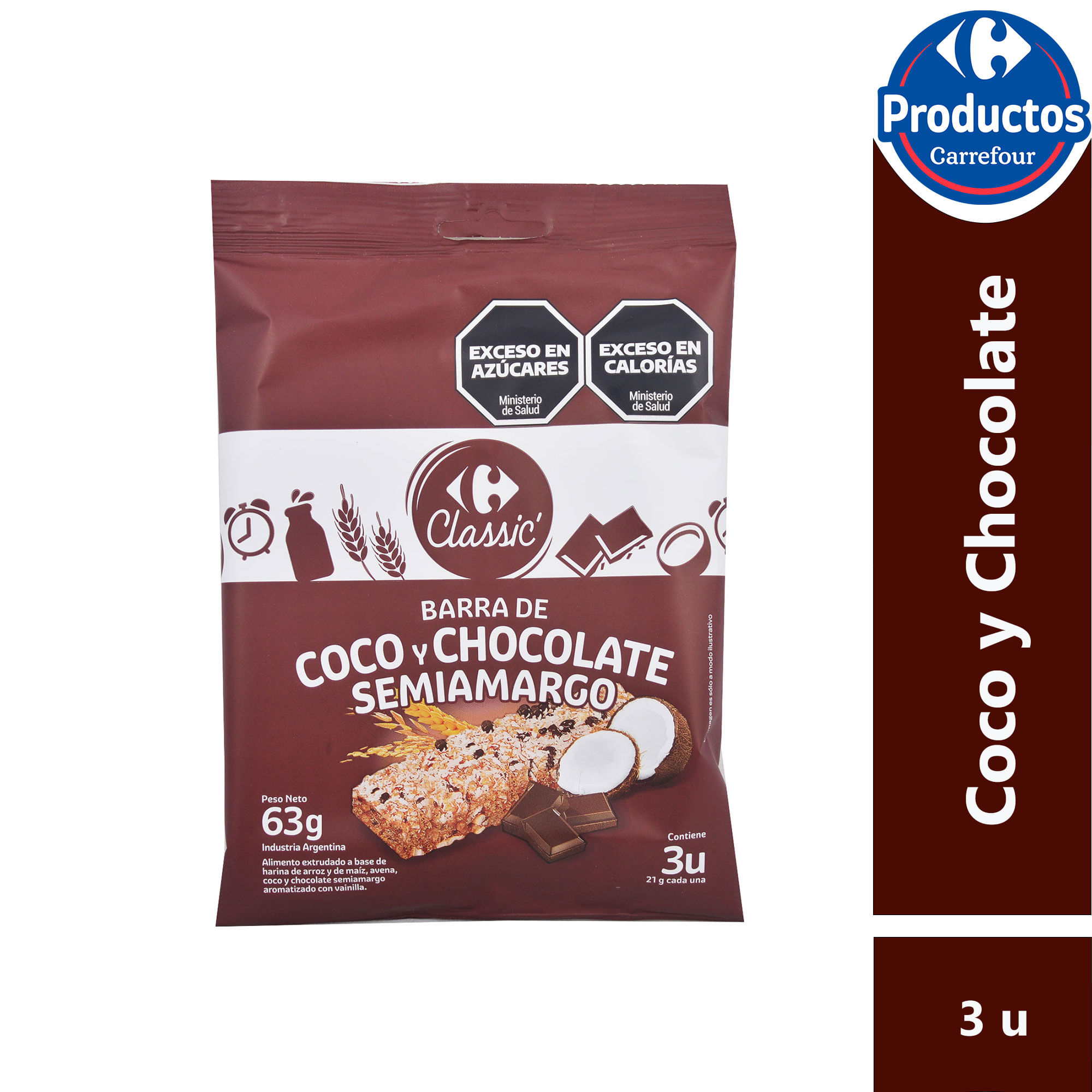 Barrita de cereal chocolate y coco Carrefour Classic 3 uni