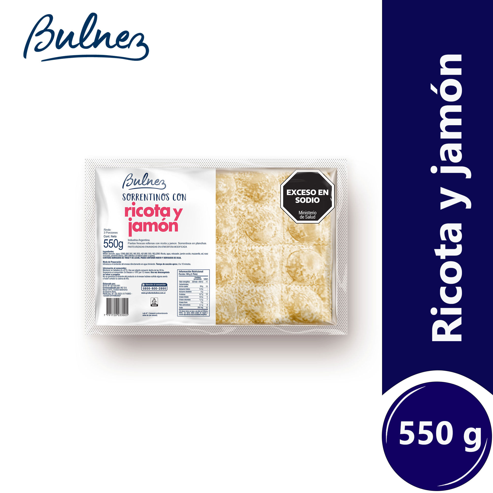 Sorrentinos Bulnez de ricota y jamón 550 g.