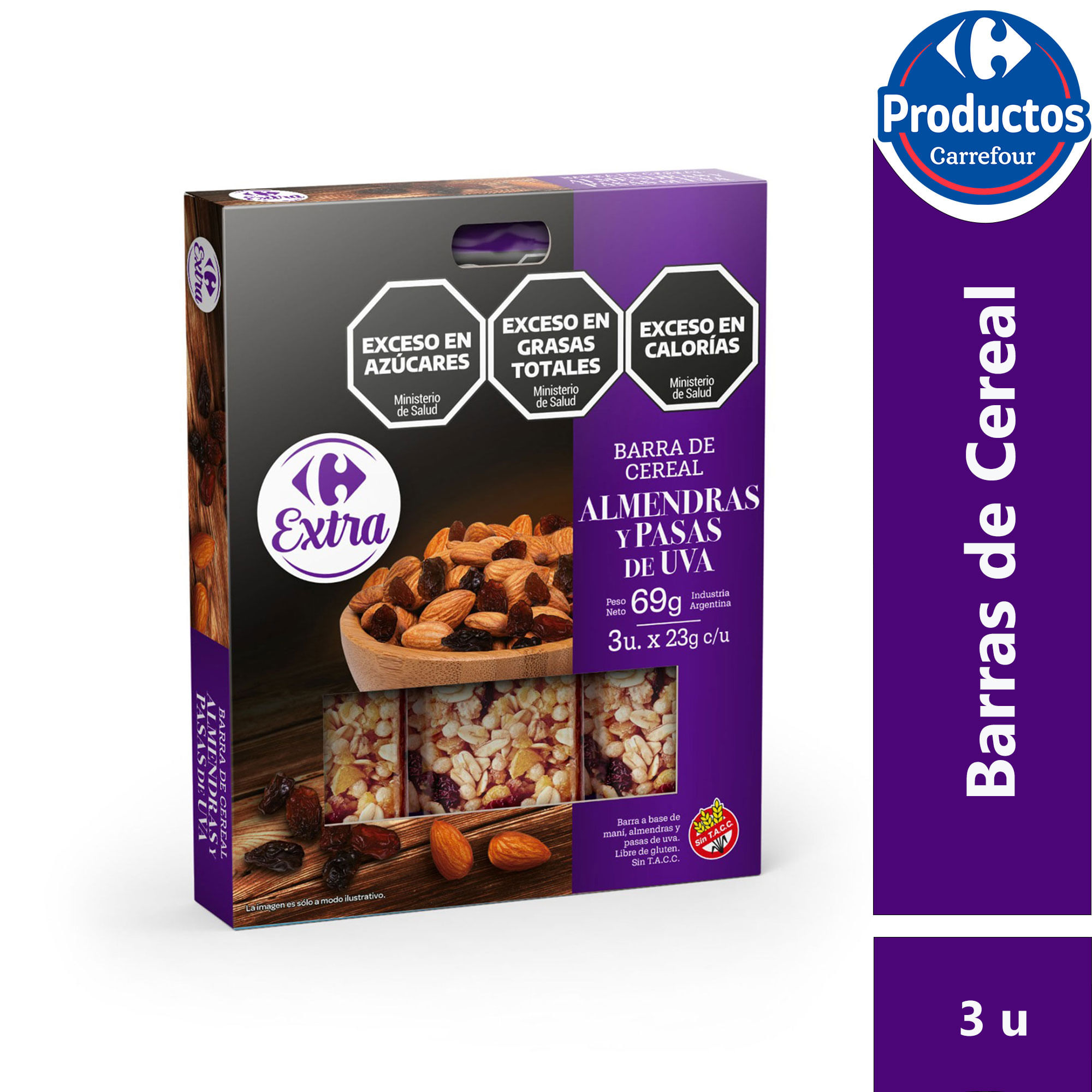 Barra de ceral con almendras Carrefour Extra sin tacc x3 23 grs