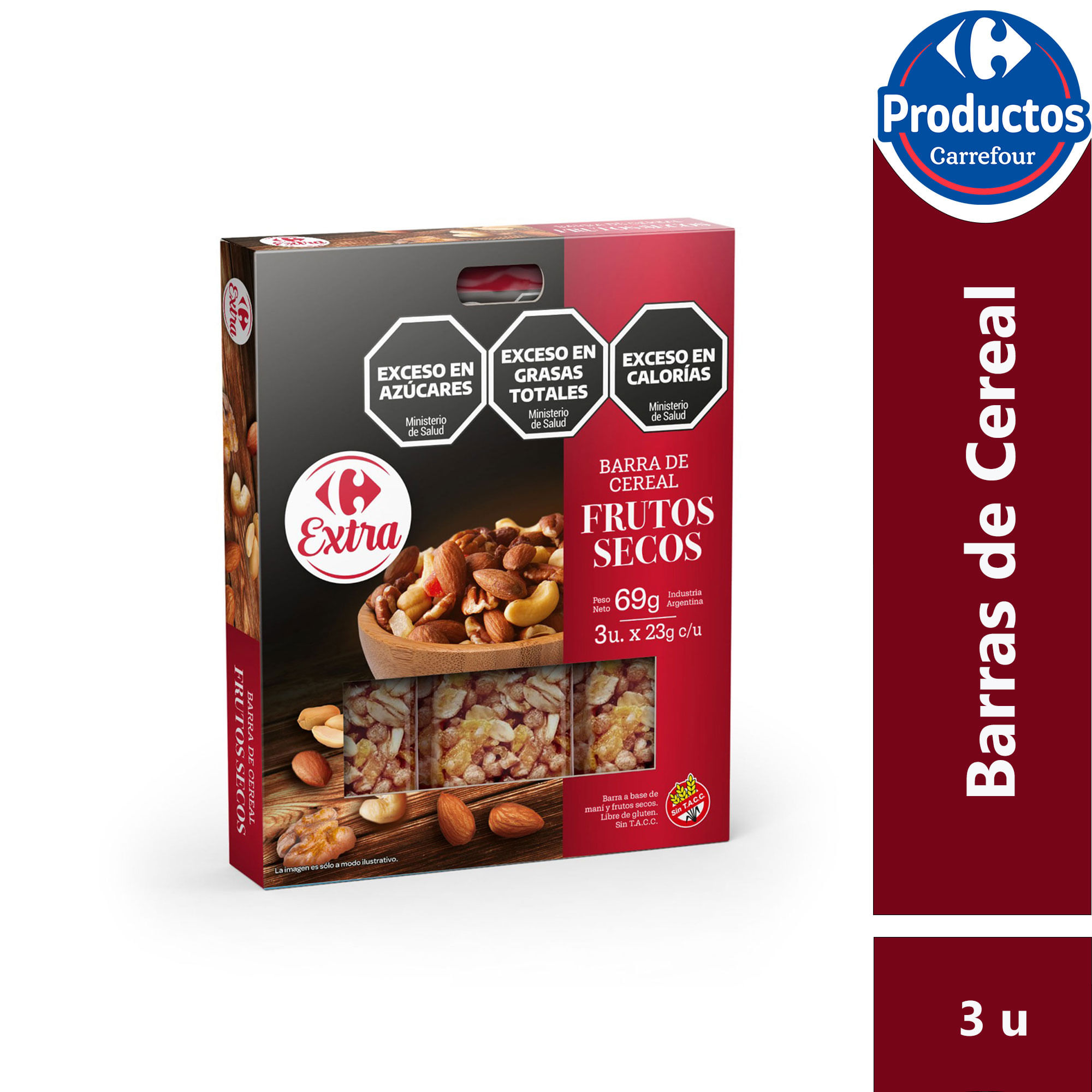 Barra de cereal Carrefour Extra frutos secos sin tacc x3 23 grs