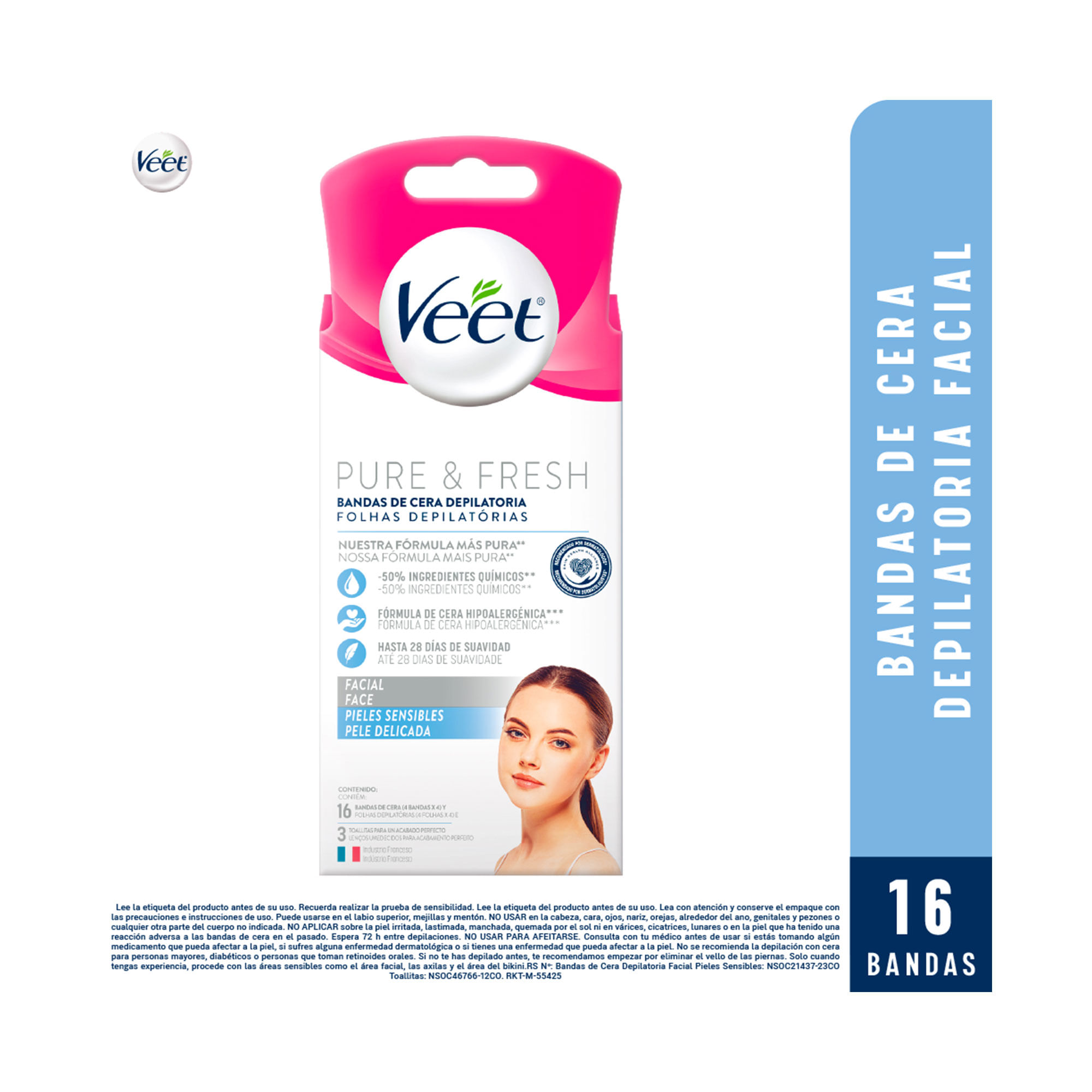 Bandas depilatorias facial Veet piel sensible 16 uni