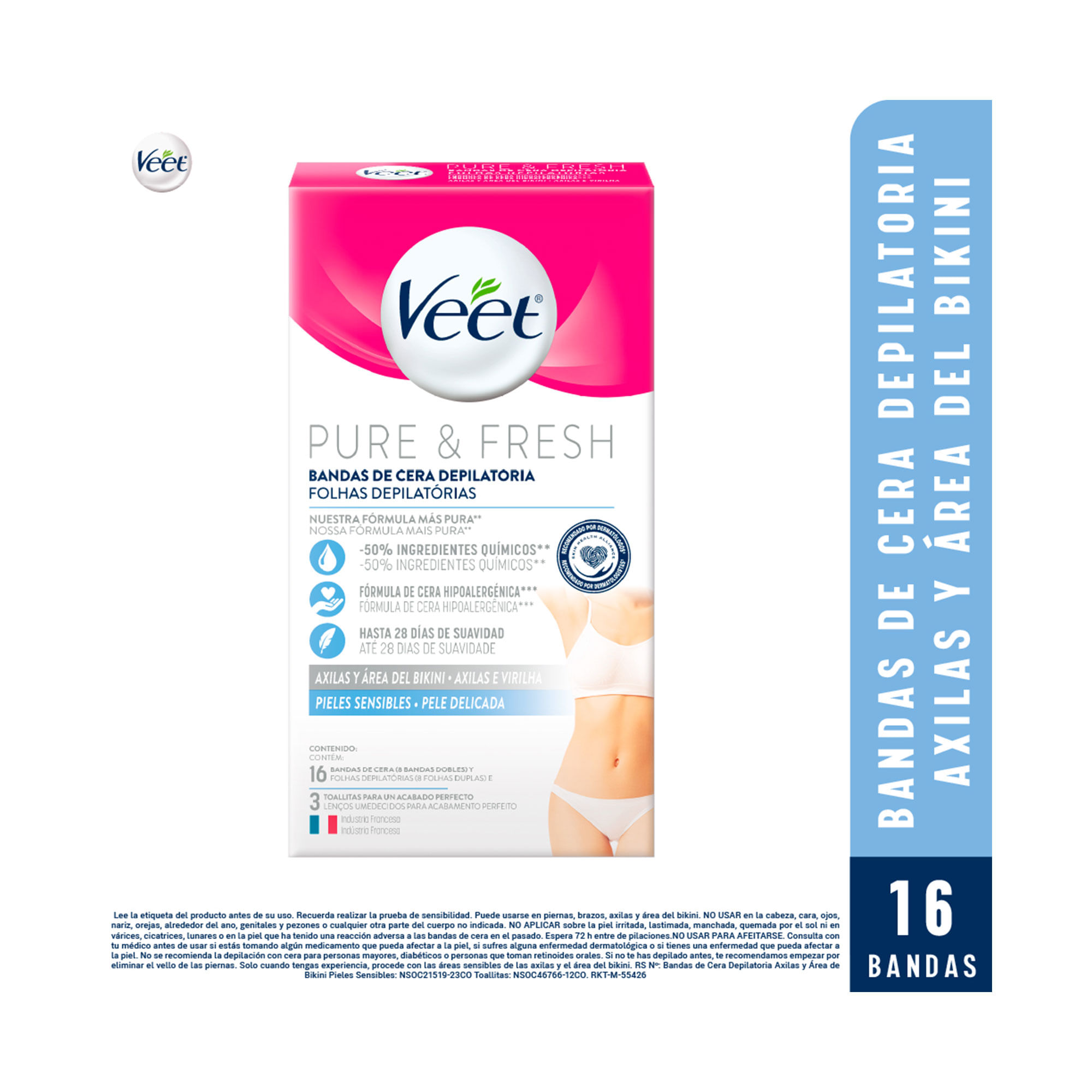 Bandas depilatorias para axila y bikini Veet piel sensible 16 uni