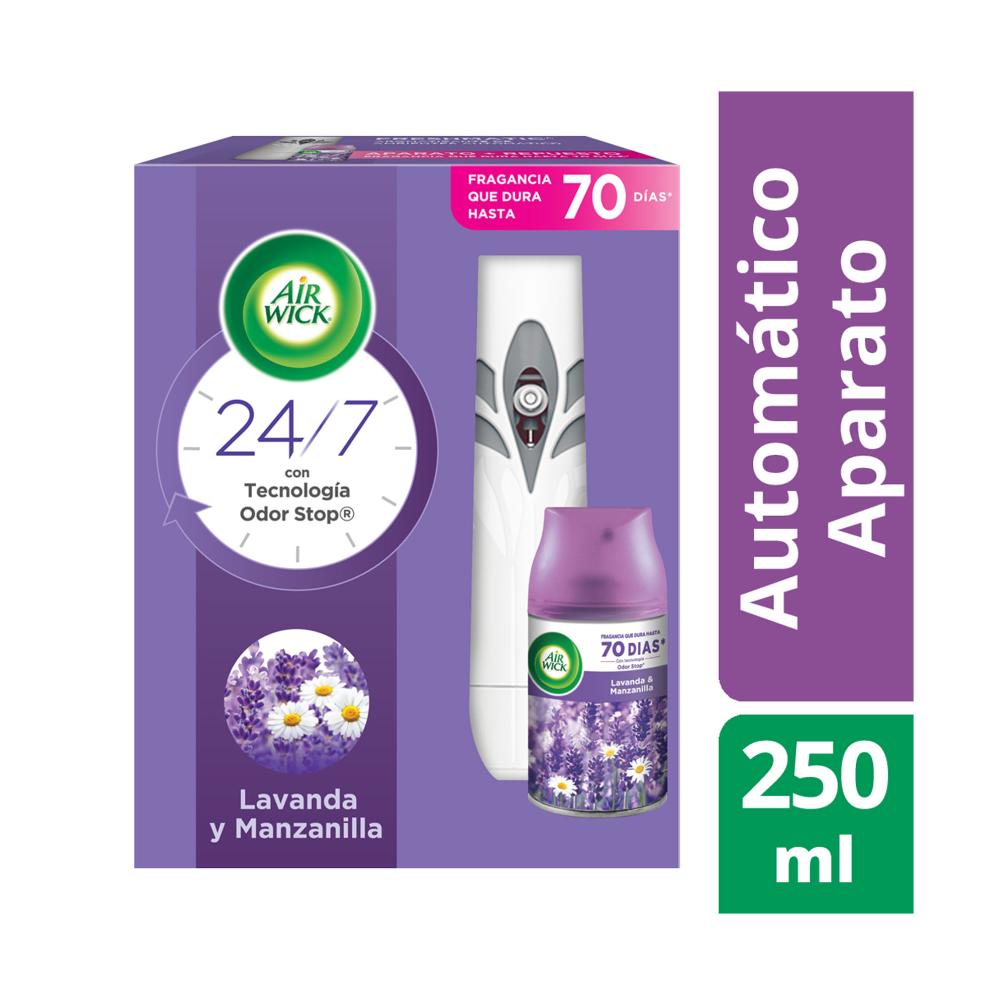 Desodorante ambiental automático Air wick freshmatic aparato + repuesto lavanda 250 ml.