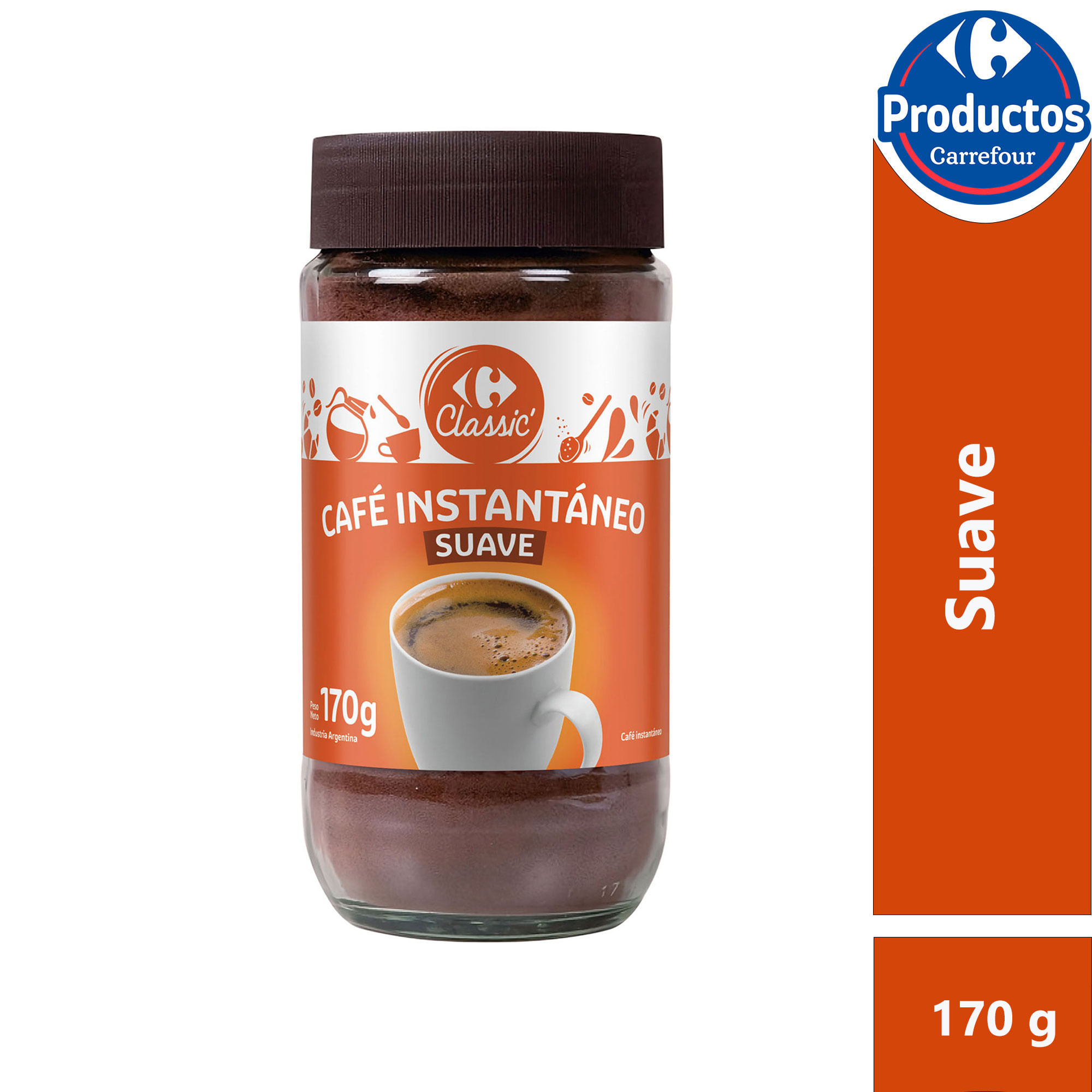 Café instantáneo suave Carrefour Classic en frasco 170 g.