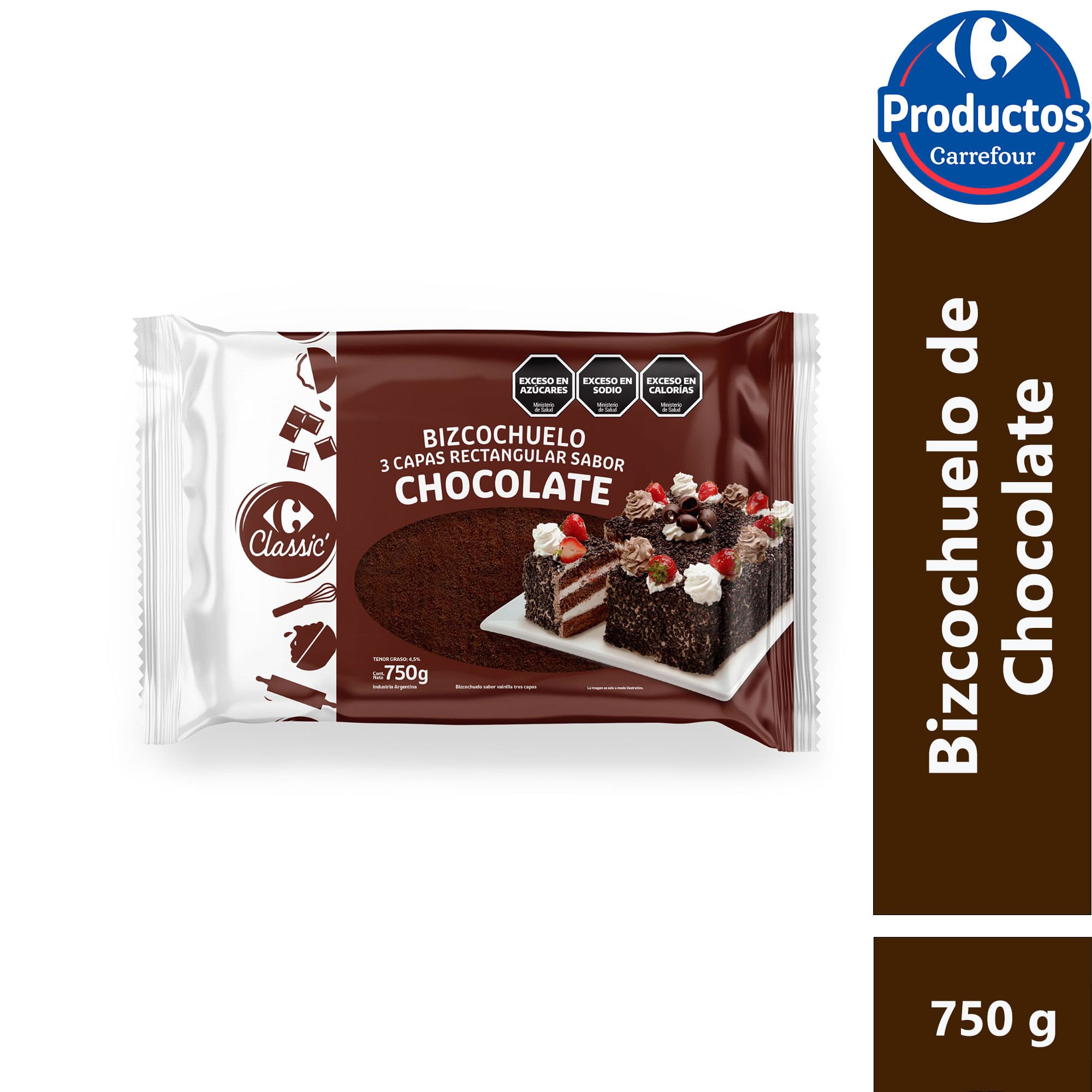 Bizcochuelo rectangular de chocolate Carrefour Classic 3 capas 750 g.