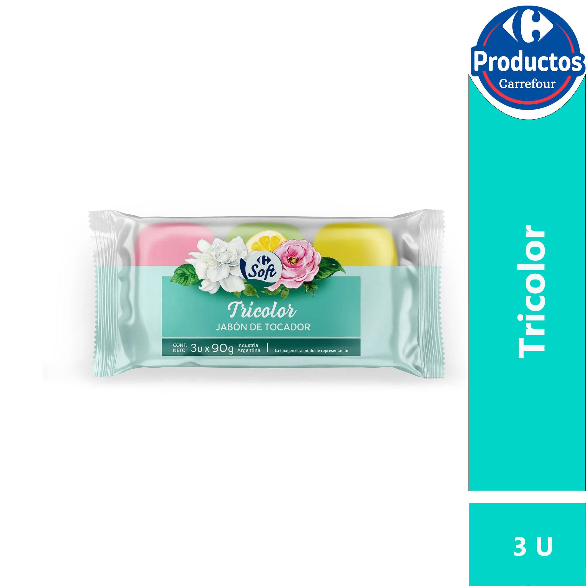Jabón tricolor Carrefour Soft x3 90 g.