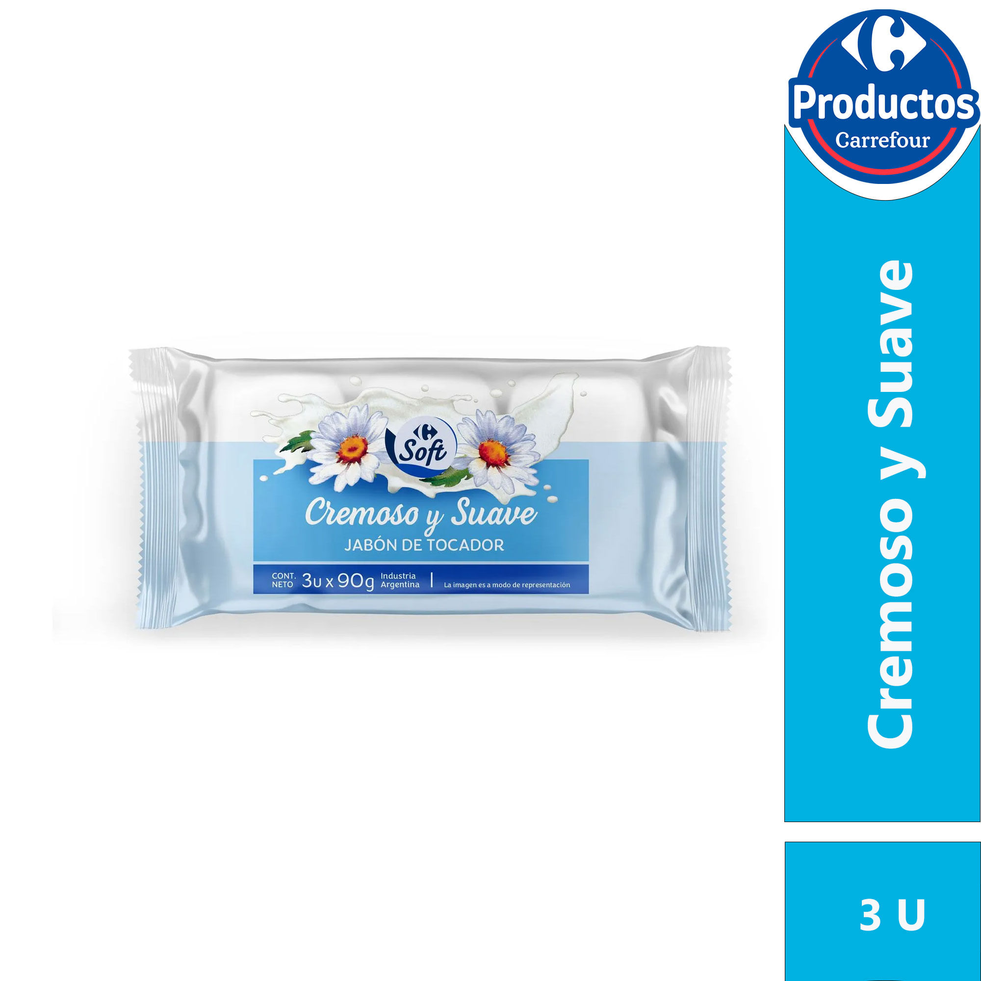 Jabón de tocador cremoso Carrefour Soft x3 90 g.