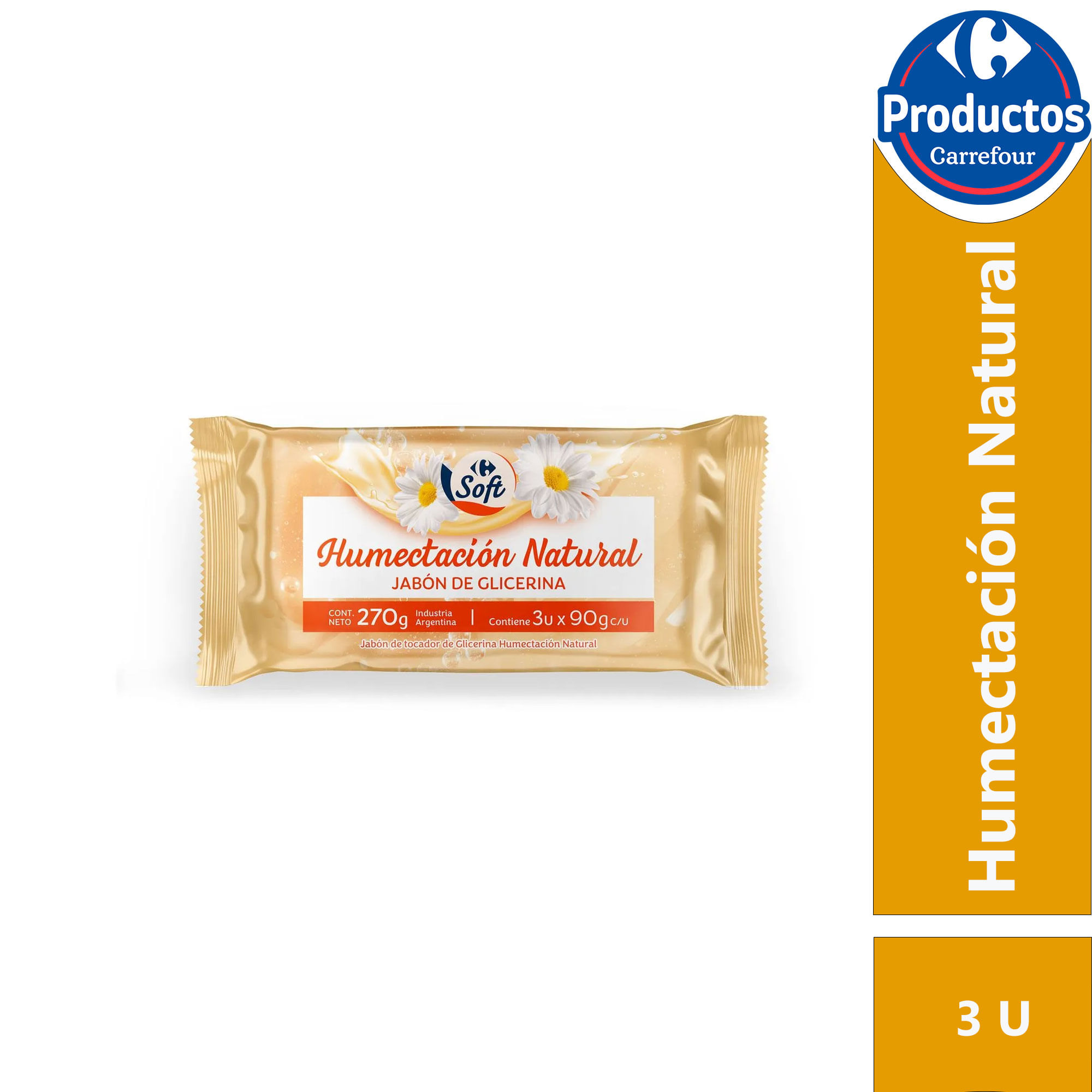 Jabón de tocador Carrefour Soft humectación natural 3 x 90 g.