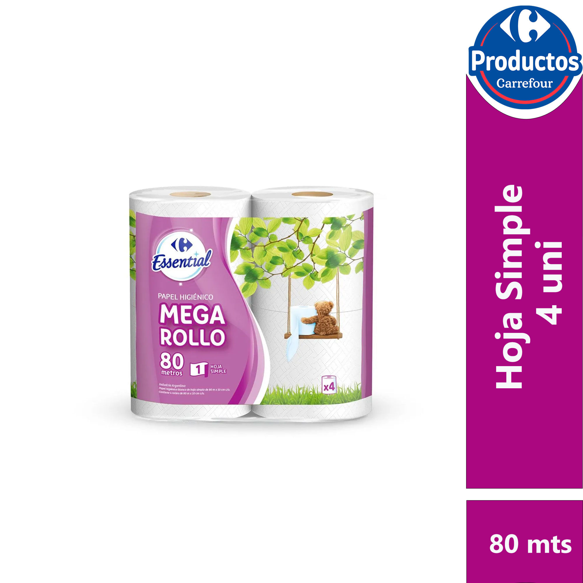 Papel higiénico hoja simple Carrefour Essential 4 x 80 m.