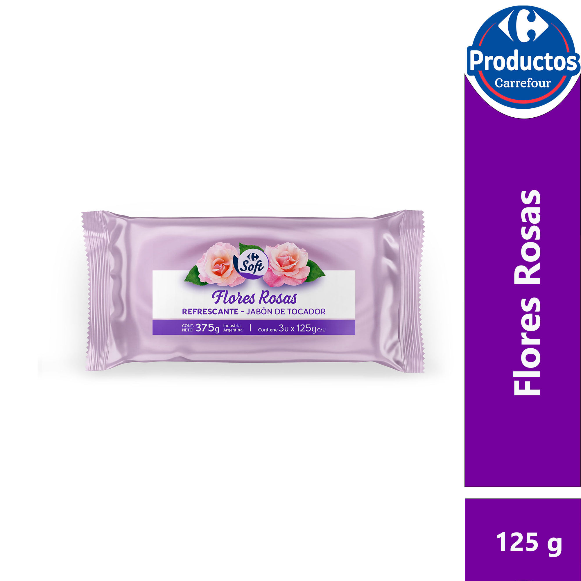 Jabón de tocador rosa Carrefour Soft x3 125 g.