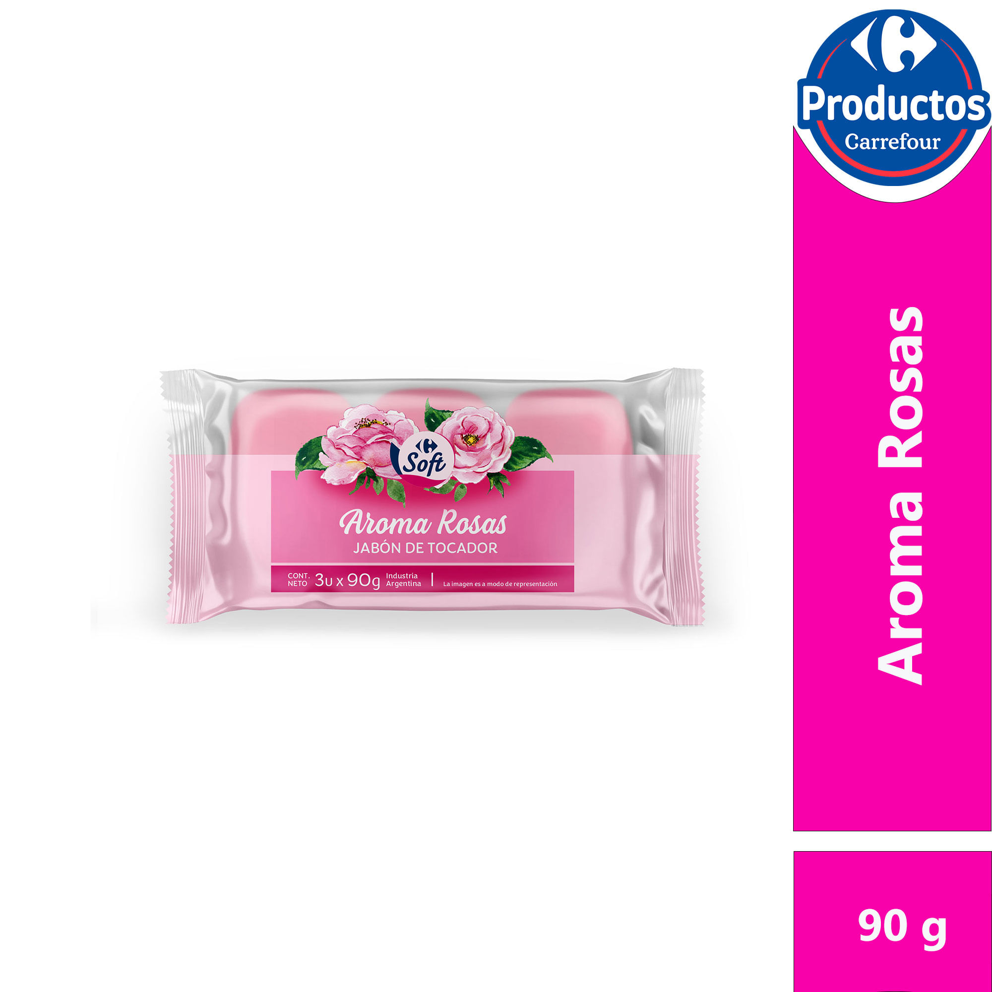 Jabón de tocador rosas Carrefour Soft x3 90 g.