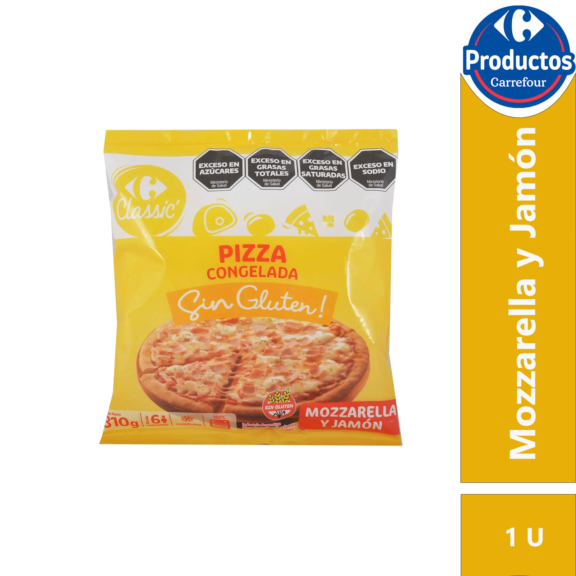 Pizza congelada Mozzarella y jamón sin gluten Carrefour Classic 1 uni