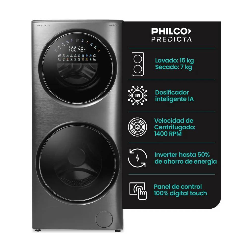 Torre Lavasecarropas con IA Philco Predicta 15kg7kg Carga Frontal Dark Inox PHLFT157GT