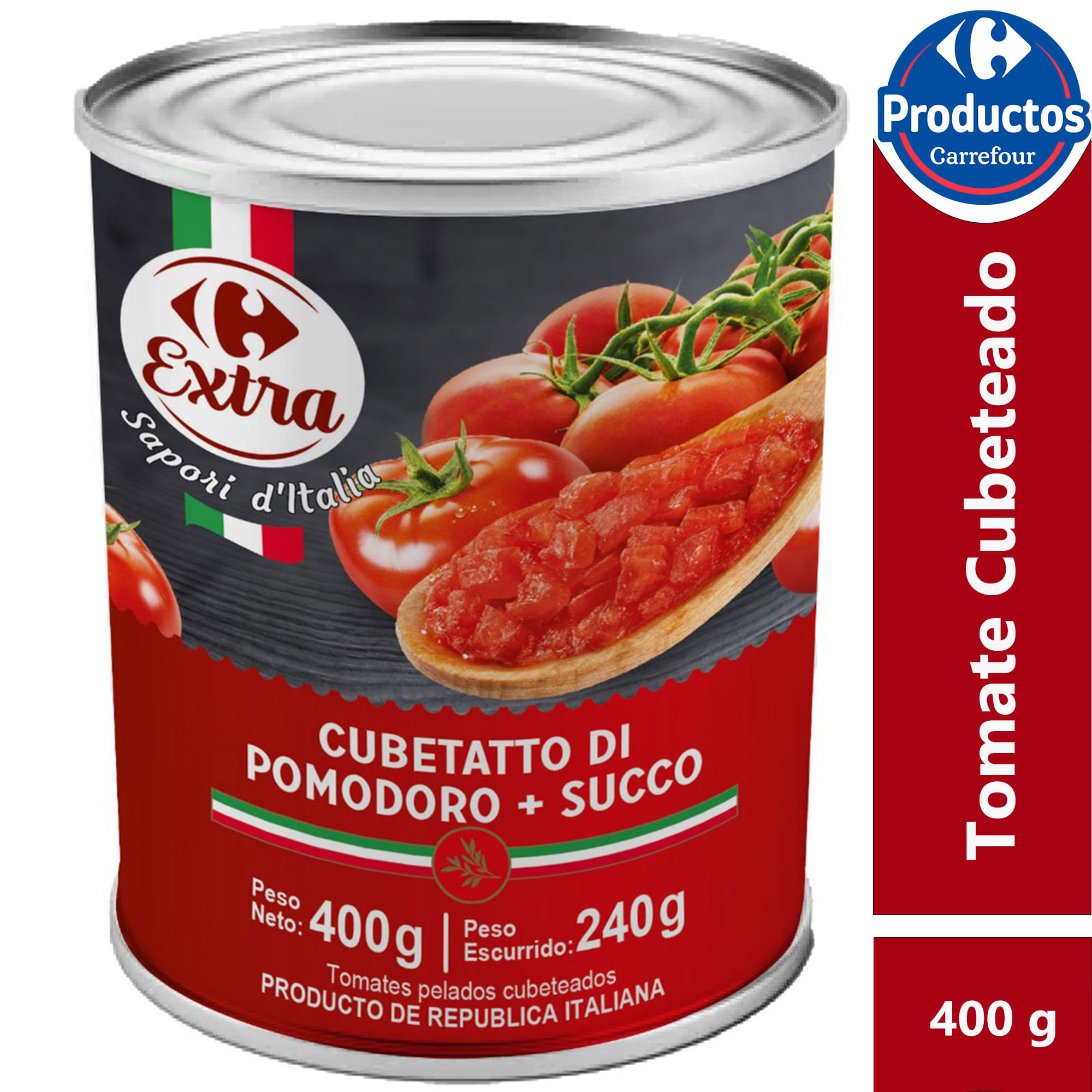 Tomate pelado cubeteado Carrefour Extra 400 g.